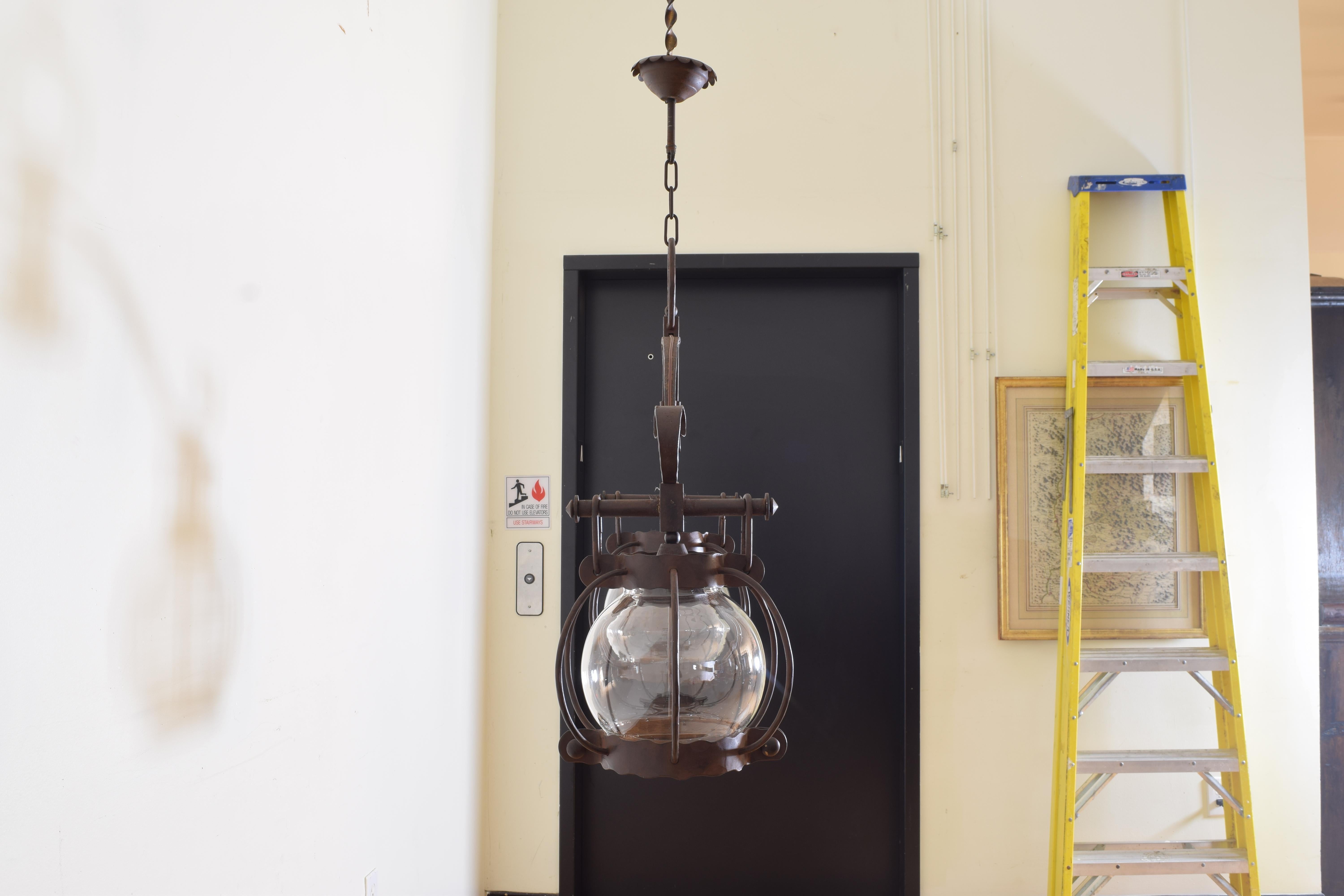 Italian Wrought Iron & Glass Globe 2-Light Lantern Chandelier, ca. 1900 1