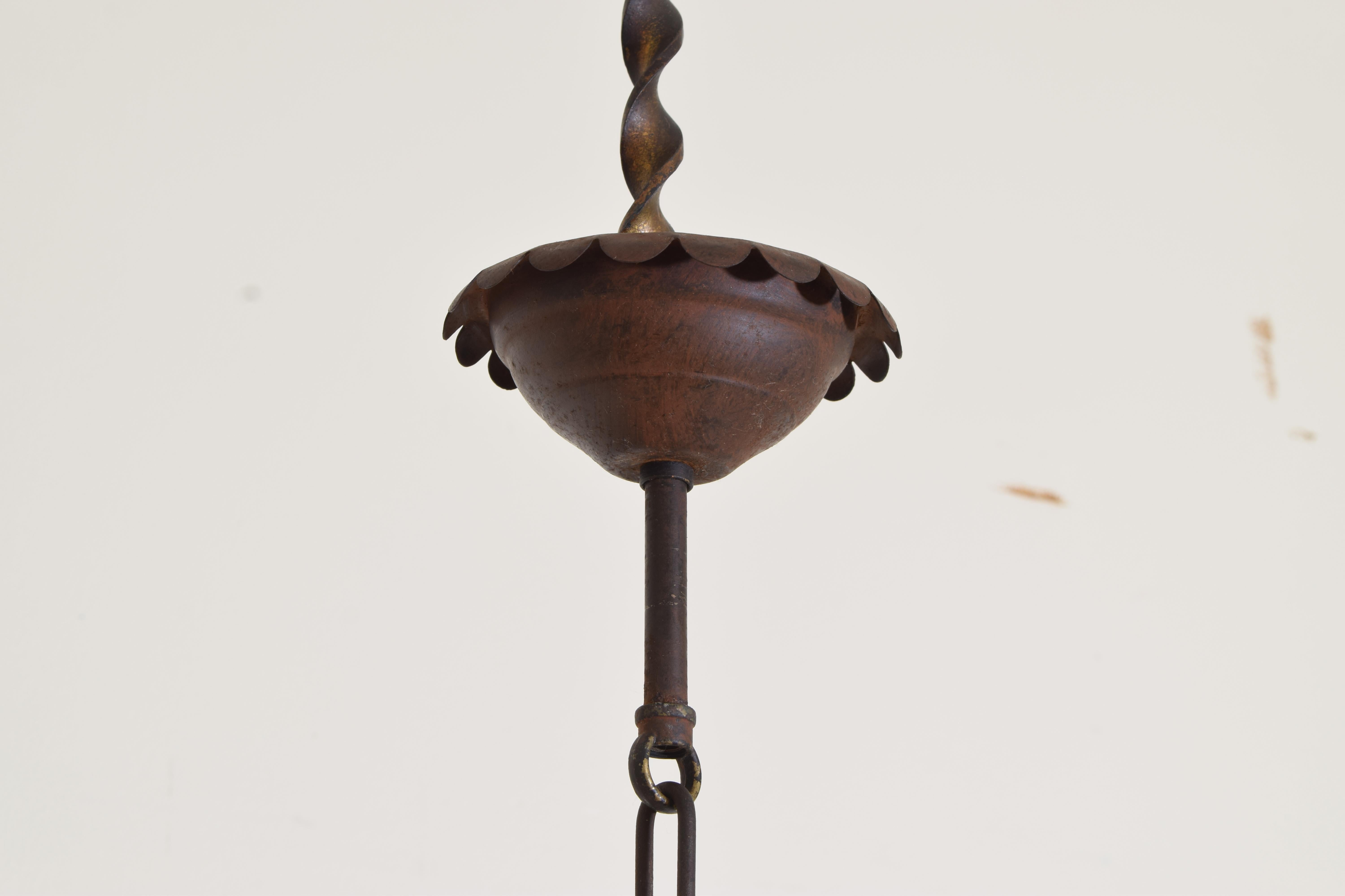 Italian Wrought Iron & Glass Globe 2-Light Lantern Chandelier, ca. 1900 2