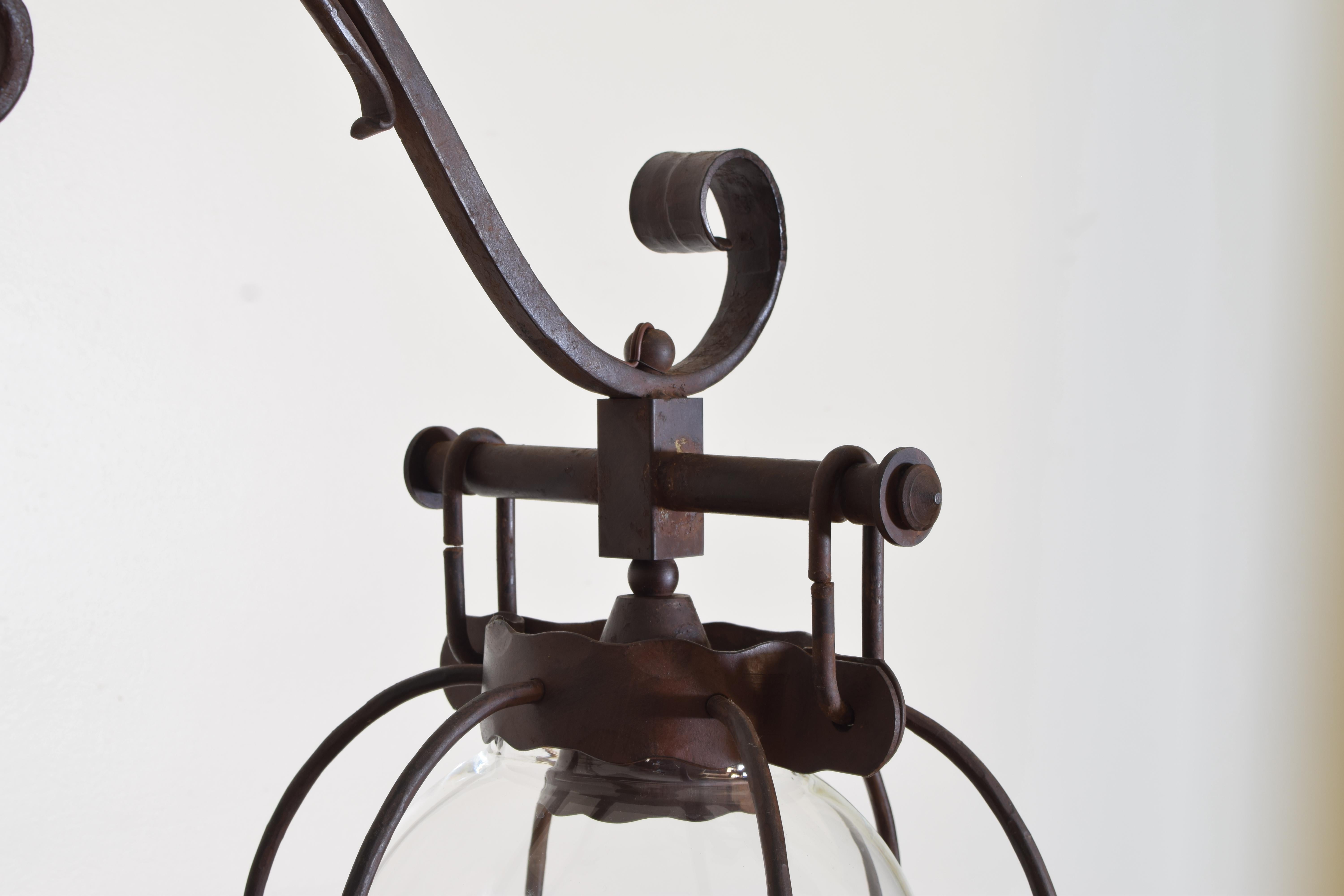 Italian Wrought Iron & Glass Globe 2-Light Lantern Chandelier, ca. 1900 4