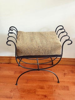 Italian Wrought Iron Hollywood Regency Leopard Upholstered Bench Ottoman 1960s