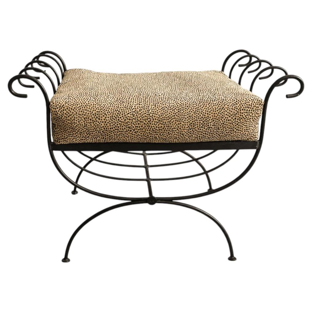 Italian Wrought Iron Hollywood Regency Leopard Upholstered Bench Ottoman 1960s