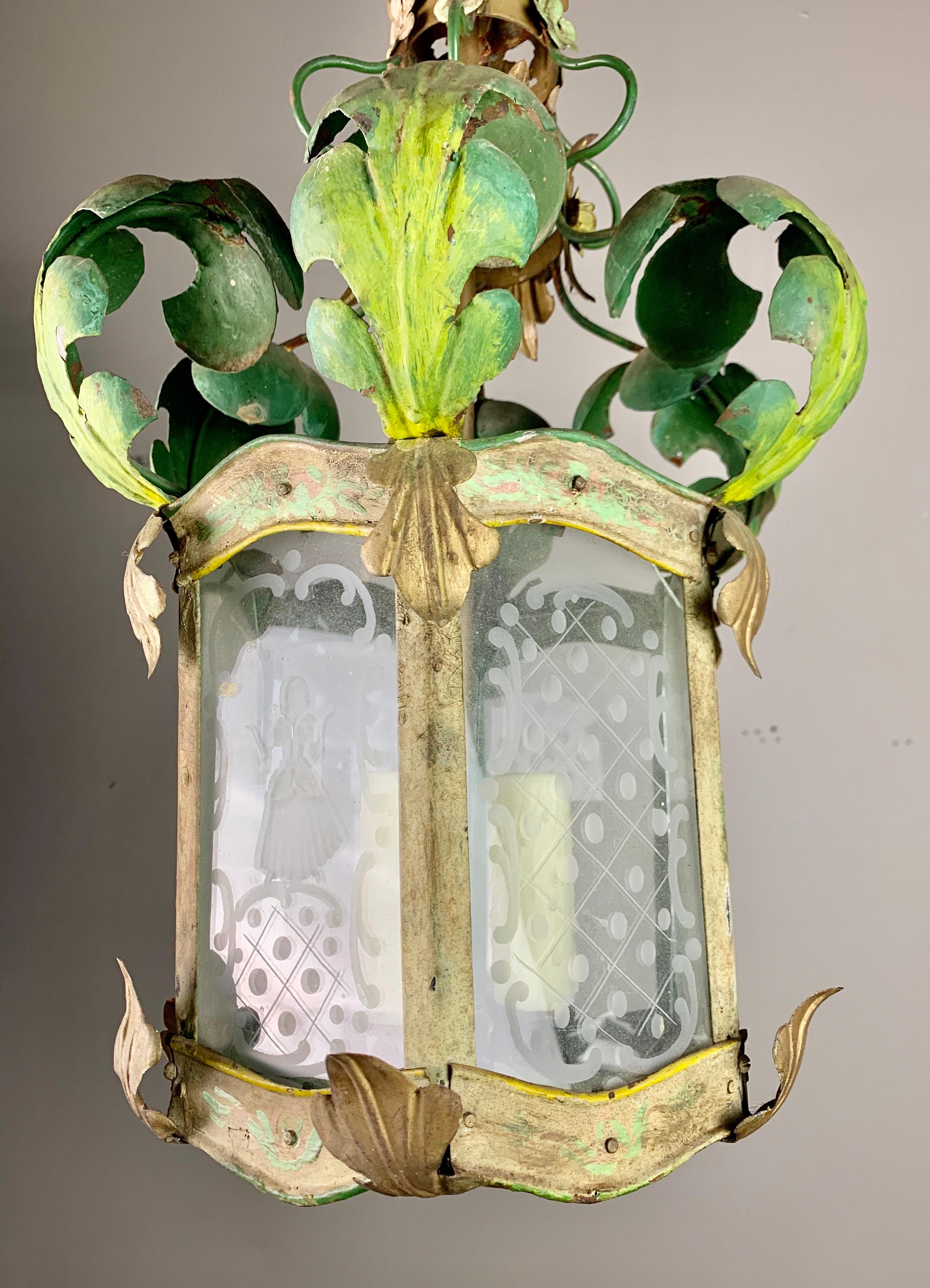Etched Italian Wrought Iron Painted Lantern, circa 1920