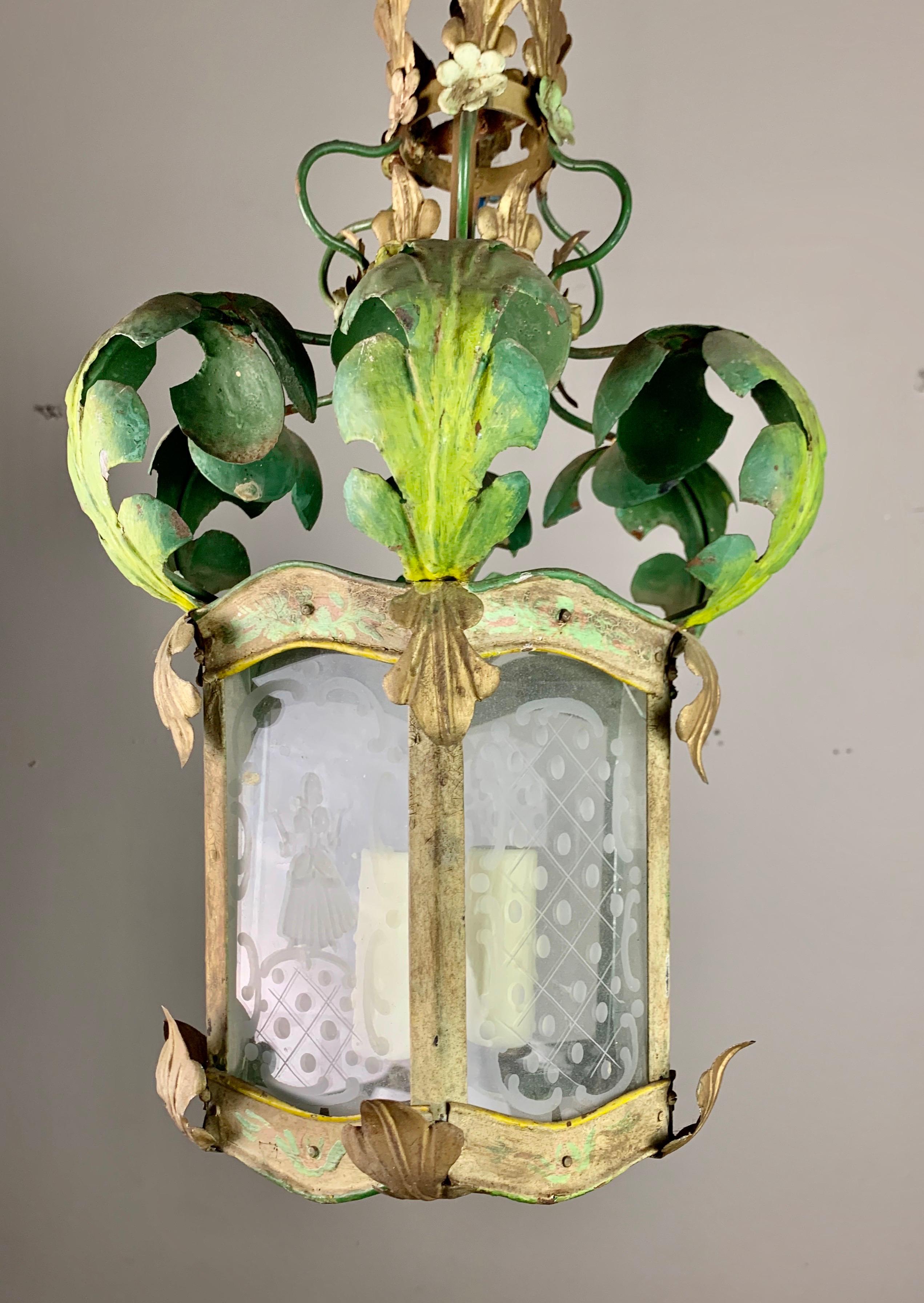 Italian Wrought Iron Painted Lantern, circa 1920 In Distressed Condition In Los Angeles, CA