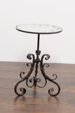 Italian Wrought-Iron Pedestal Side Table with Antique Mirror Top, circa 1870