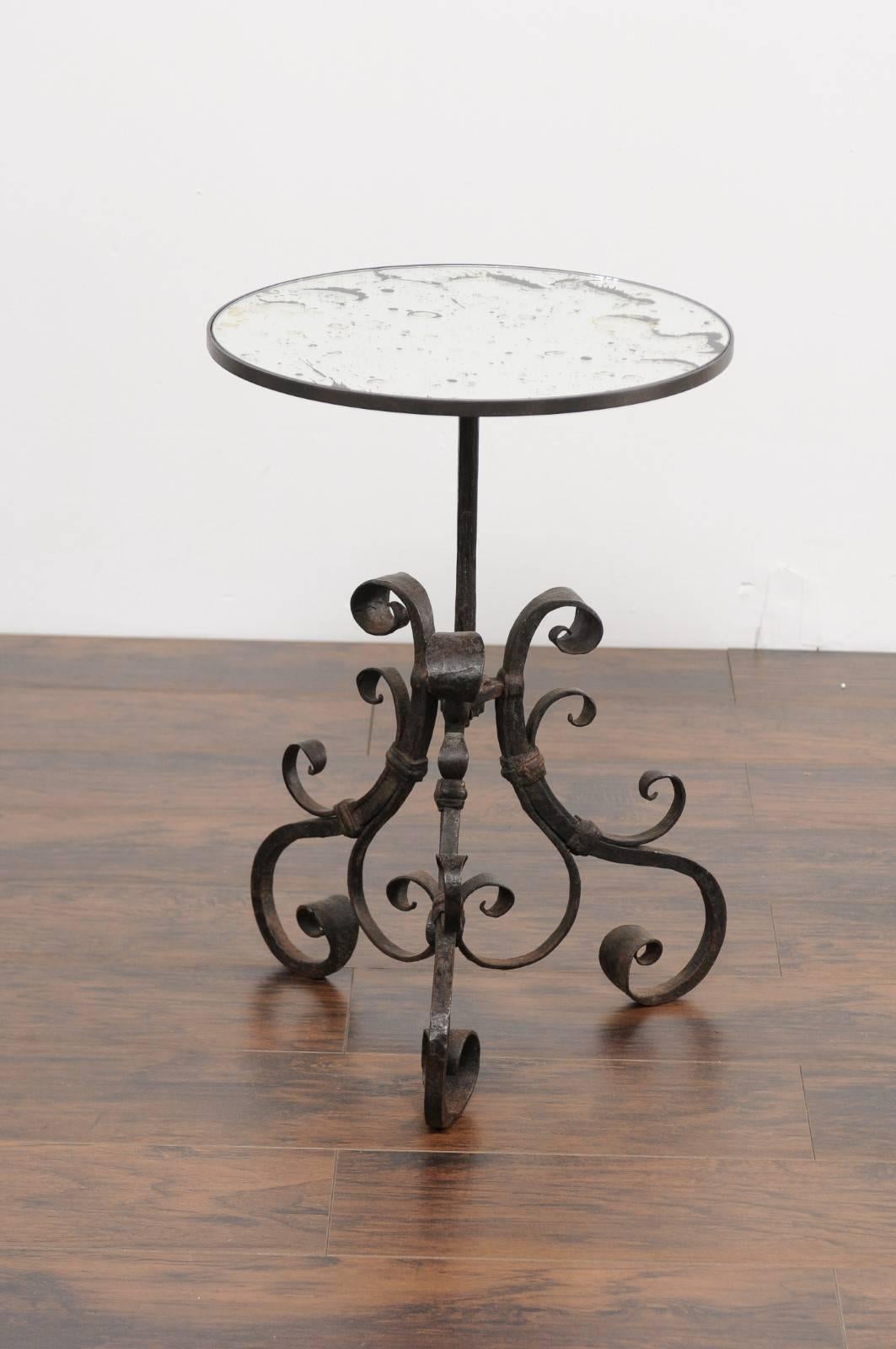 19th Century Italian Wrought-Iron Pedestal Side Table with Antique Mirror Top, circa 1870