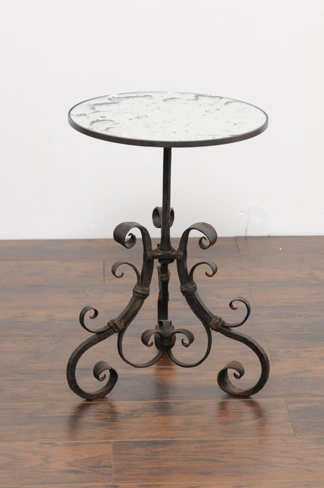 Italian Wrought-Iron Pedestal Side Table with Antique Mirror Top, circa 1870 1