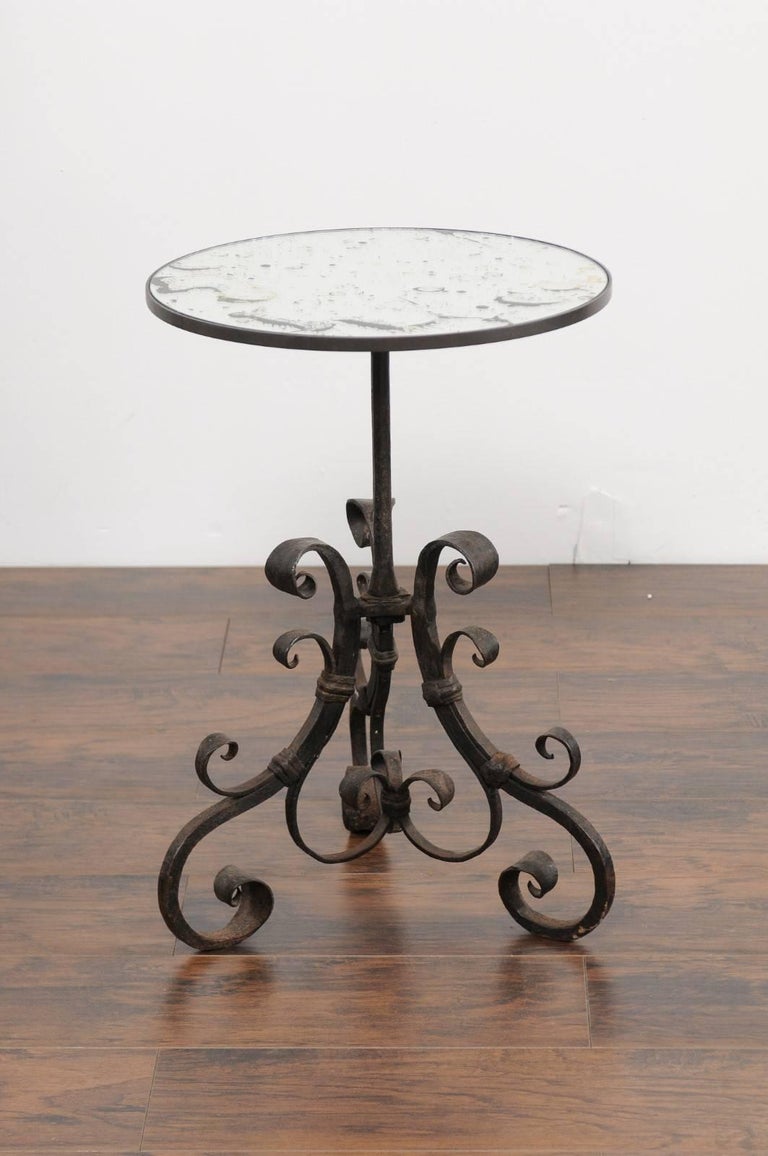 Italian WroughtIron Pedestal Side Table with Antique Mirror Top, circa