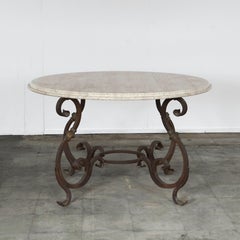 Italian Wrought Iron Round Dining Table with White Marble Top, 1940s