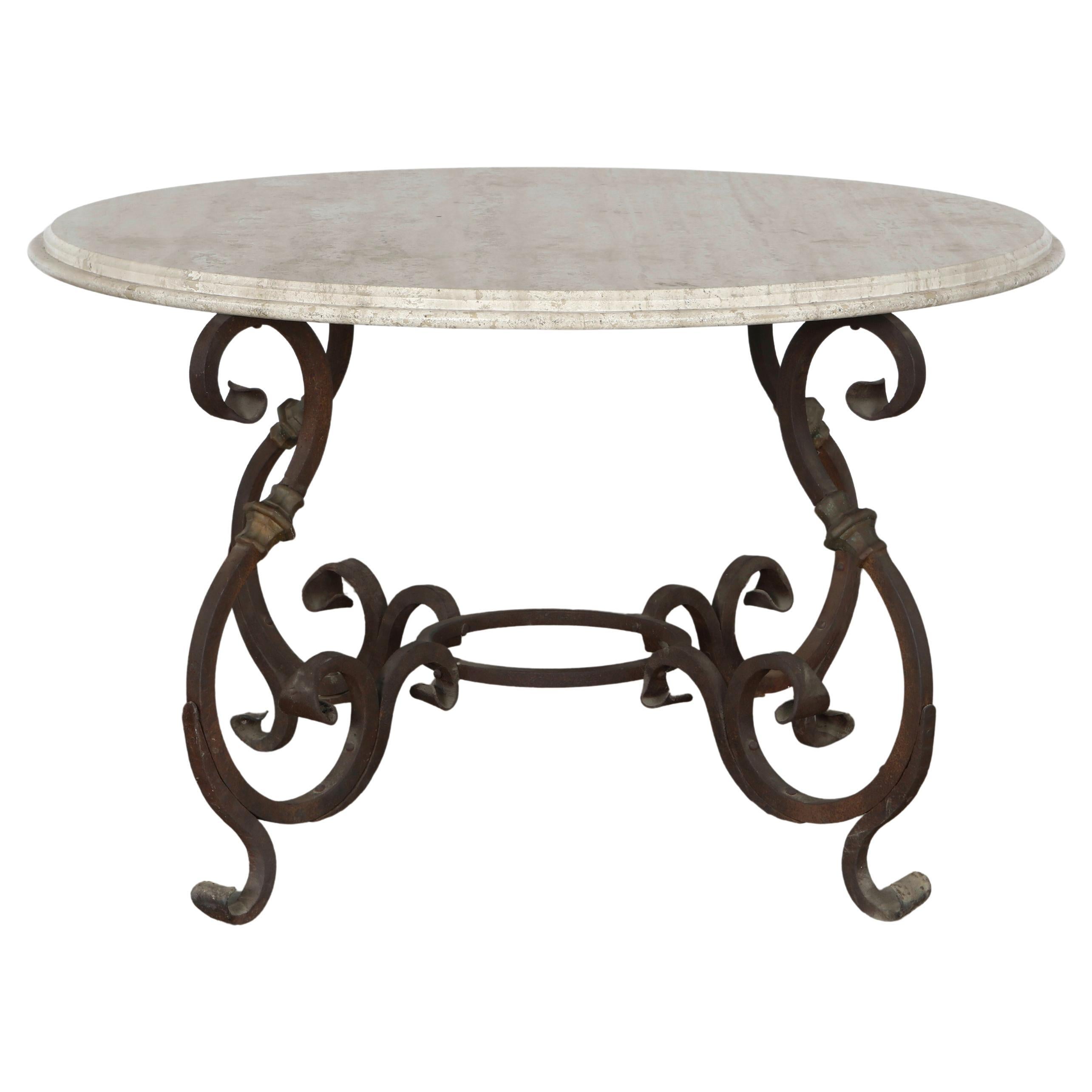 Italian Wrought Iron Round Dining Table with White Marble Top, 1940s