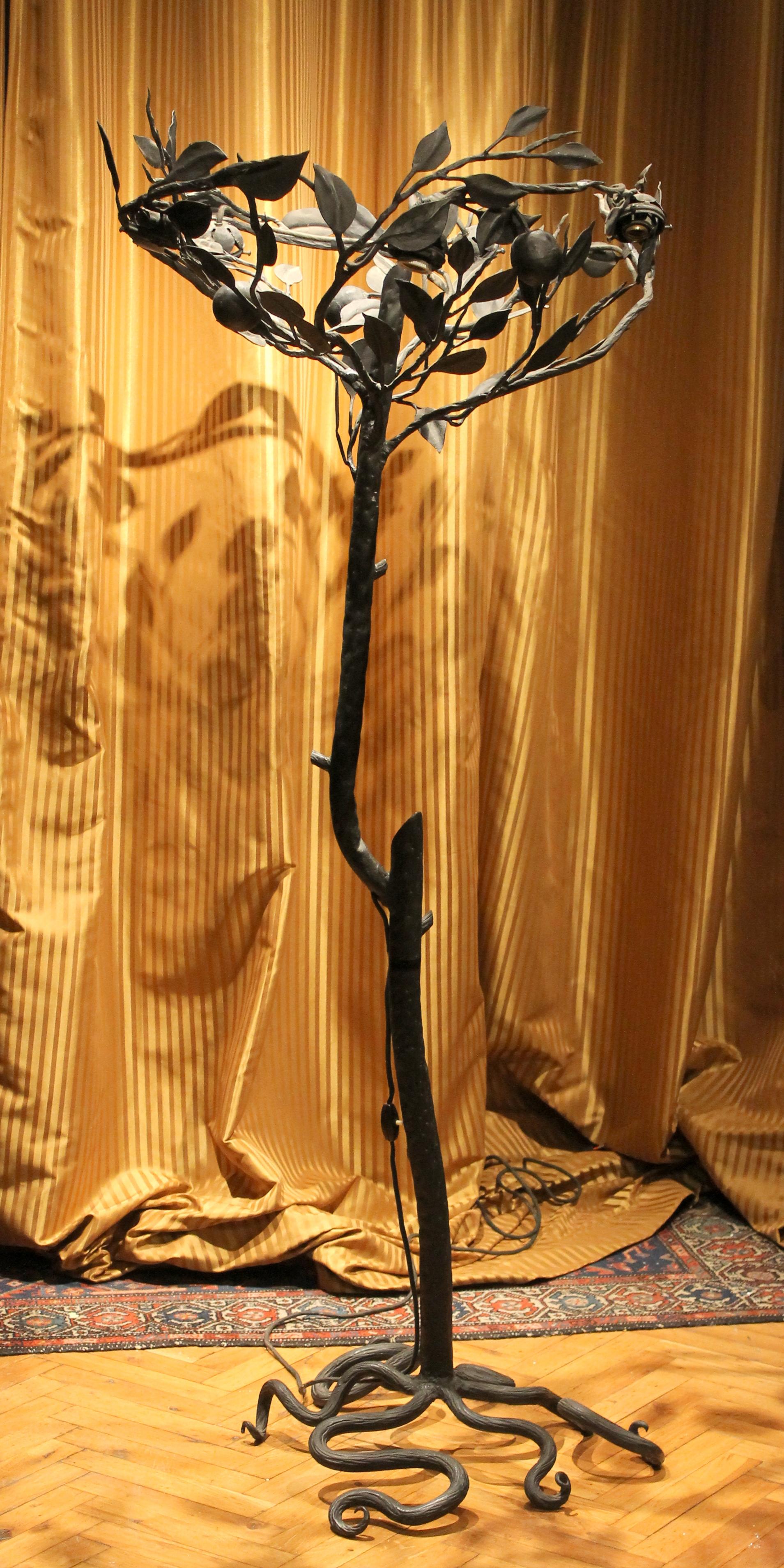 Hand-Crafted Italian Wrought Iron Tree Floor Lamp with Blown Glass Lemons Shape Shades, 1930s