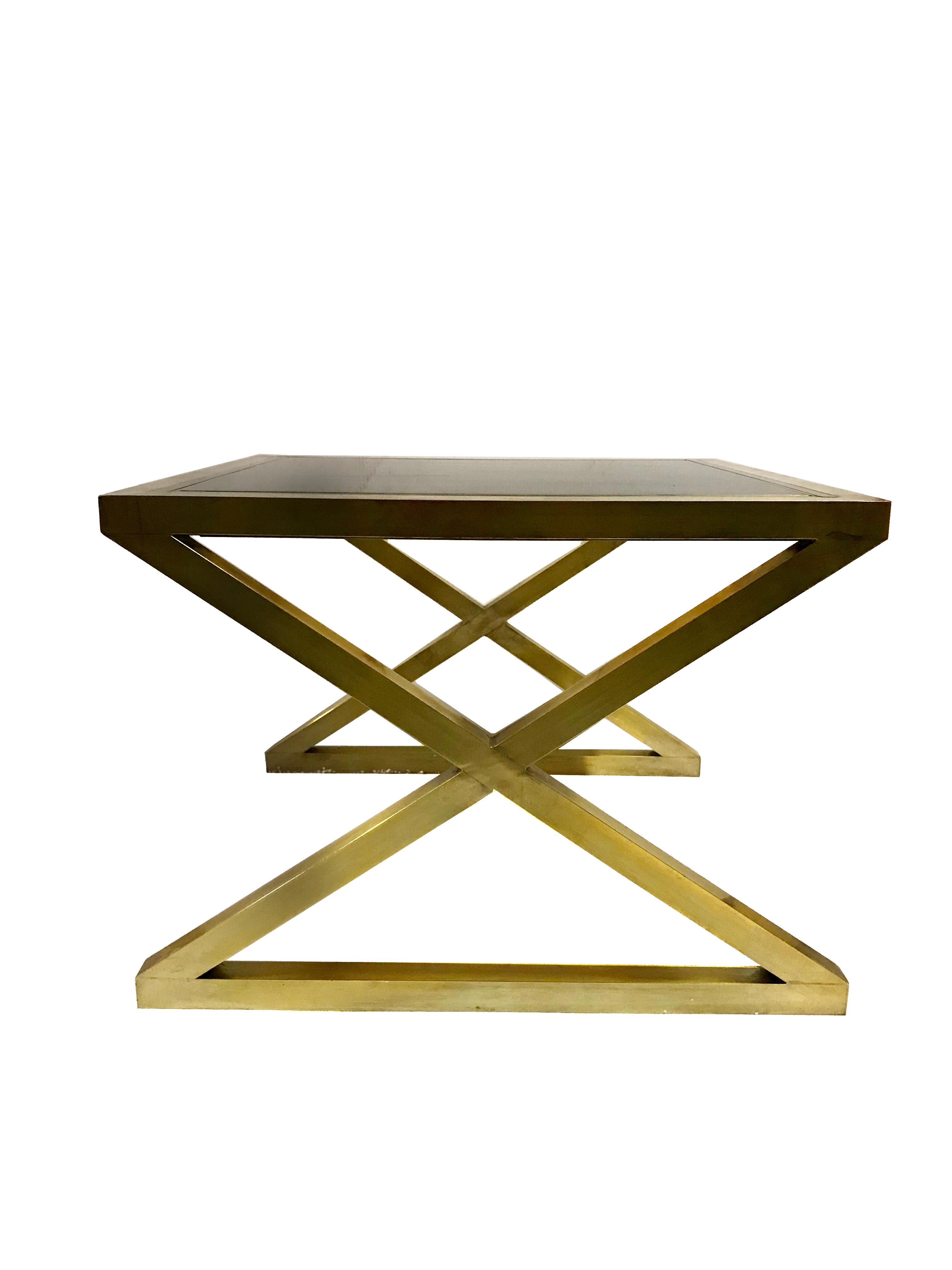 Italian sculptural X-Frame glass side tables. Hand crafted bronze and black mirrored Murano glass top with bronze inlay, circa 1990.

 