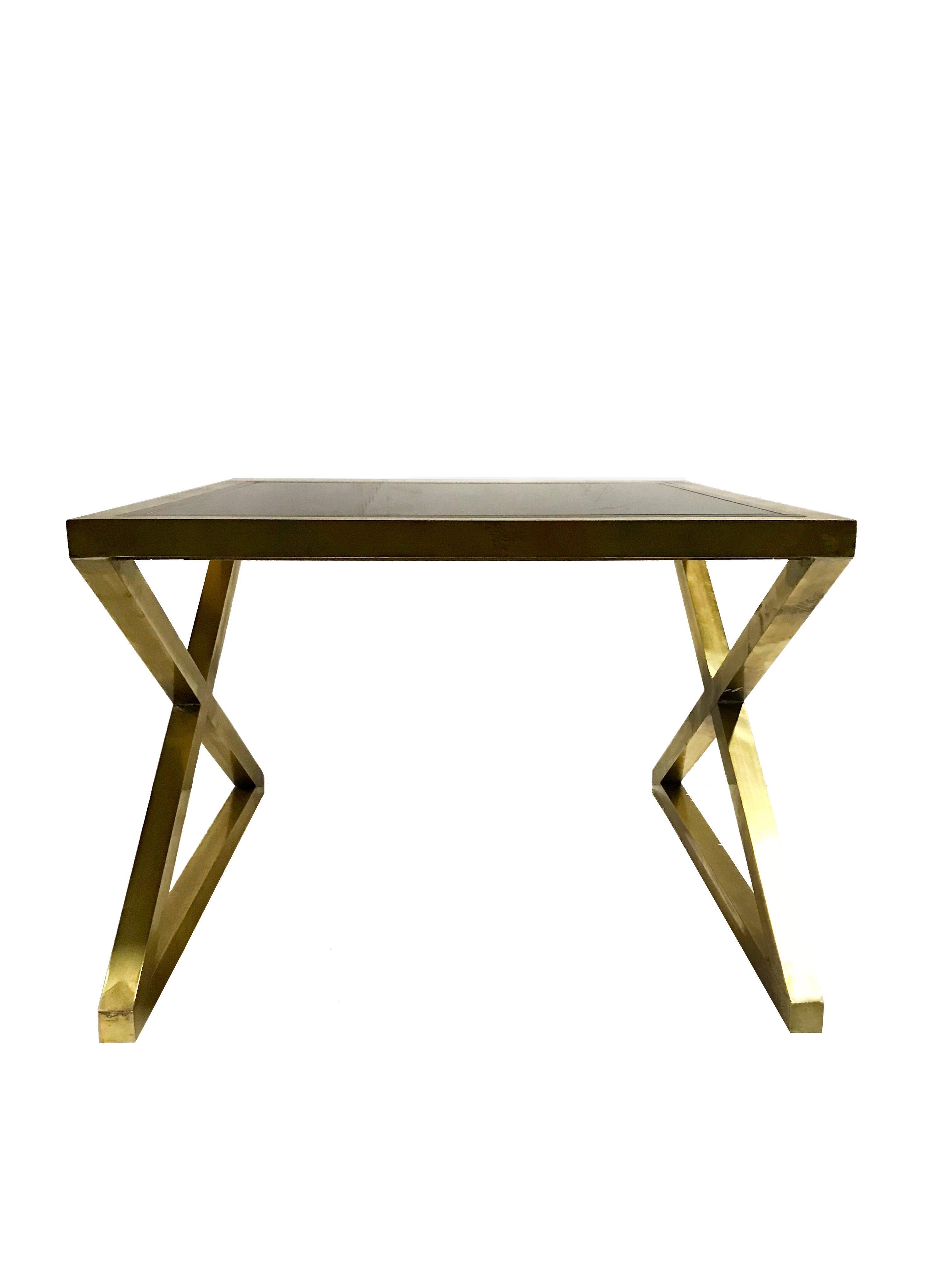 Modern Italian X-Frame Side Tables, Pair, Bronze with Black Murano Glass Mirror Top For Sale
