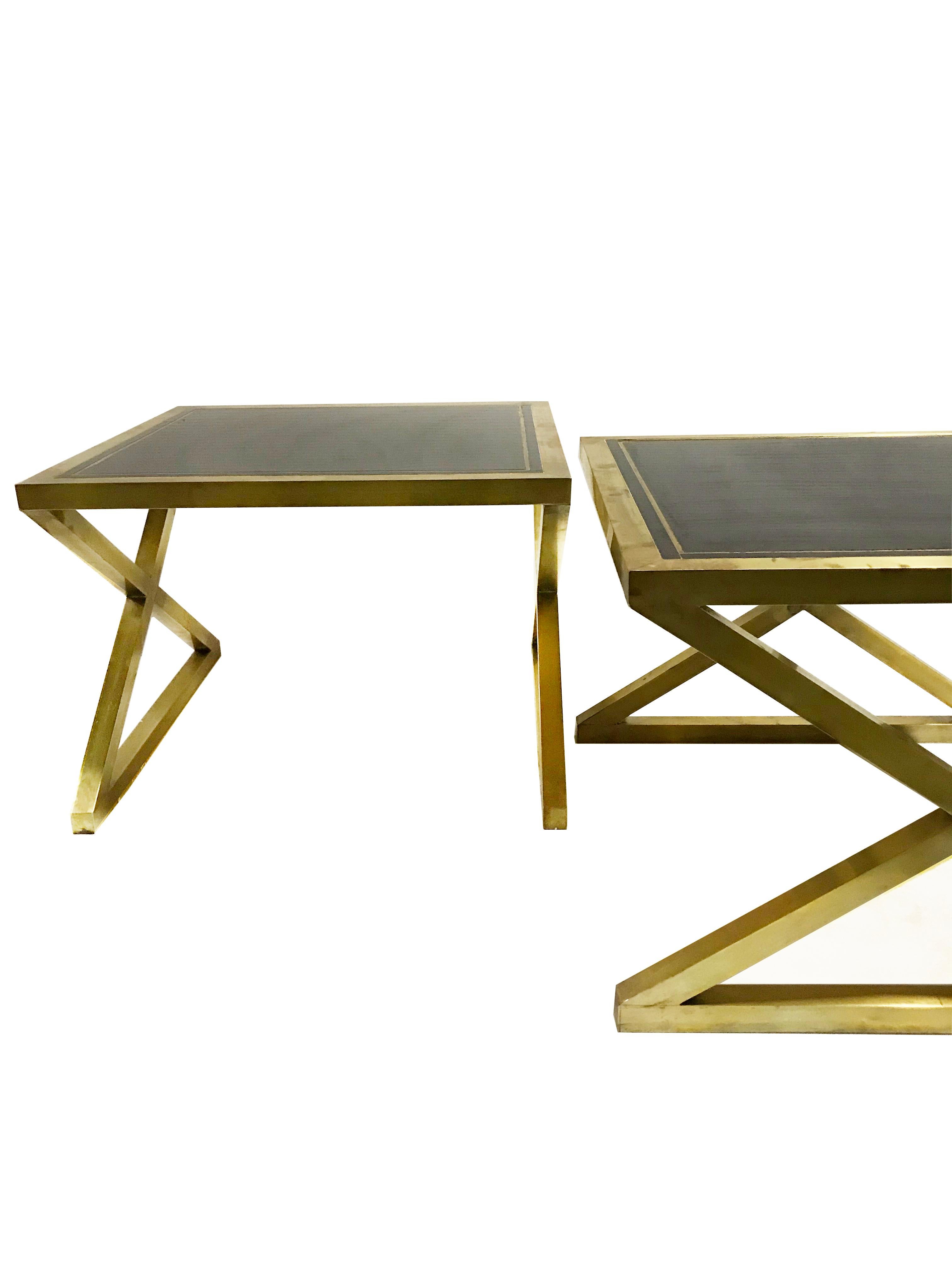 Late 20th Century Italian X-Frame Side Tables, Pair, Bronze with Black Murano Glass Mirror Top For Sale