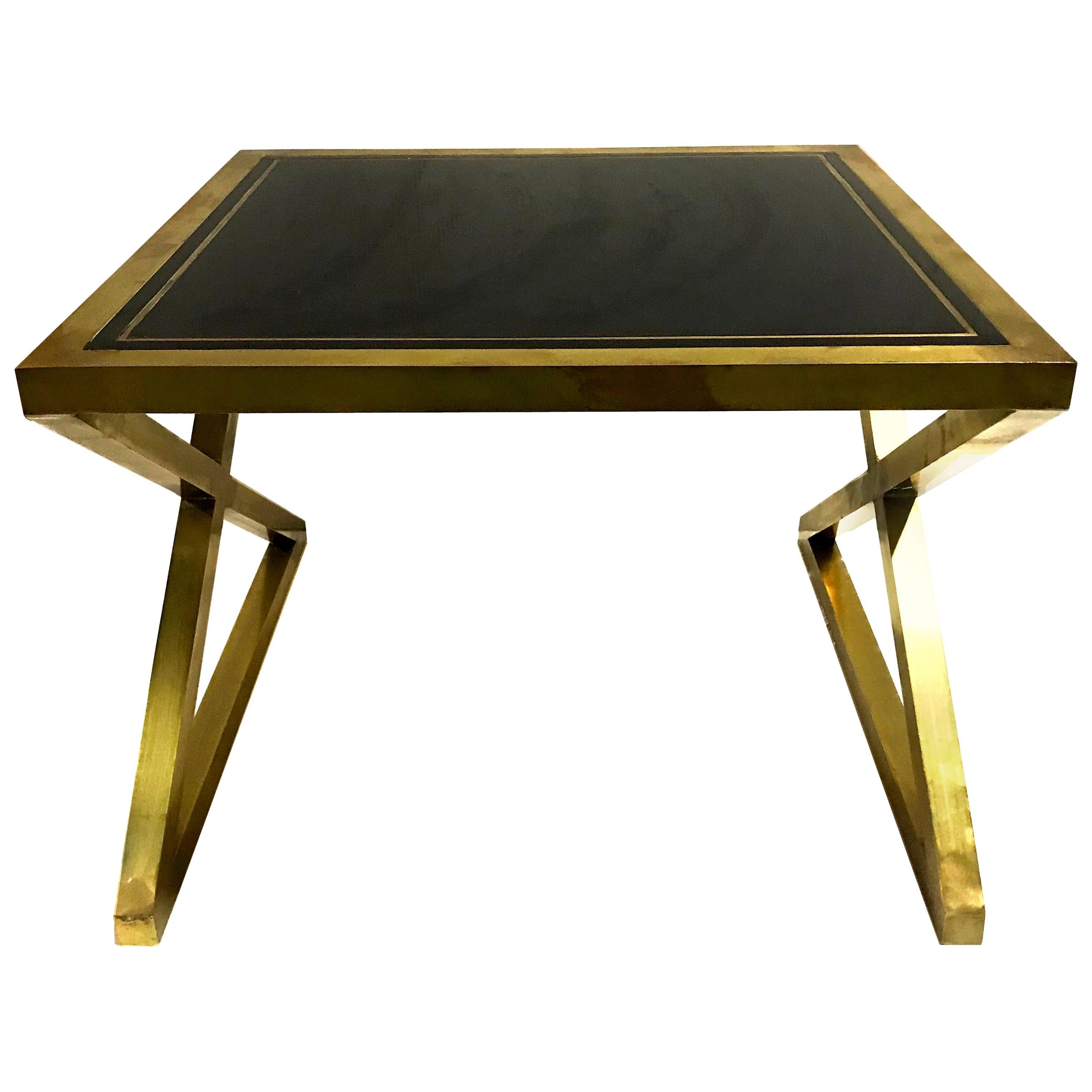 Italian X-Frame Side Tables, Pair, Bronze with Black Murano Glass Mirror Top For Sale