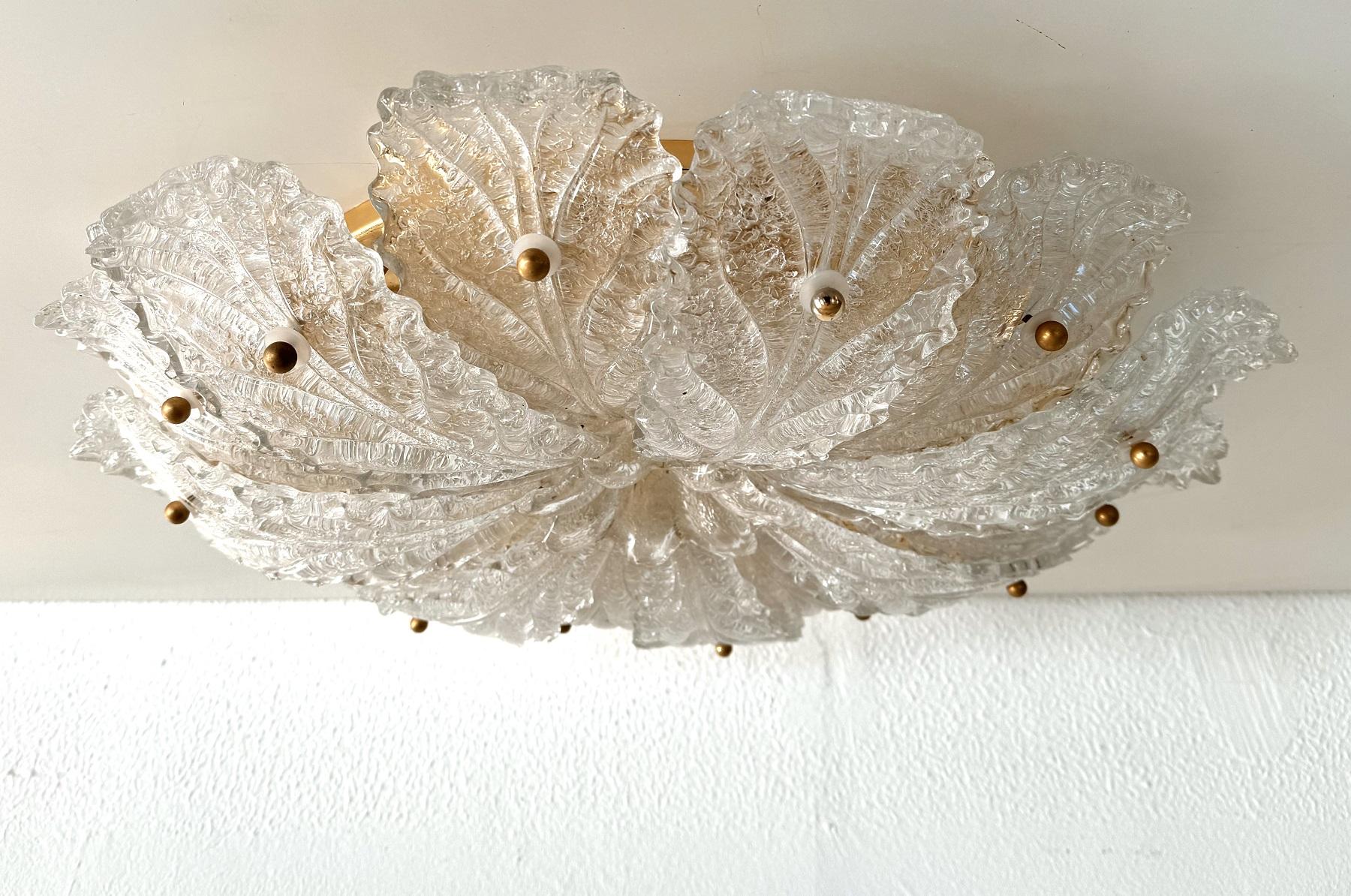 Hand-Crafted Italian XL MidCentury Flush Mount Chandelier with Grit Murano Glass, 1970s