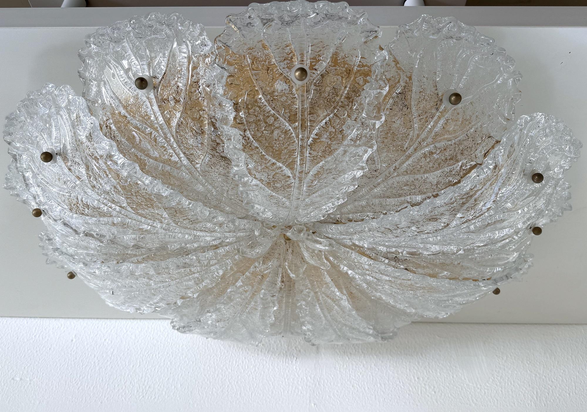 Late 20th Century Italian XL MidCentury Flush Mount Chandelier with Grit Murano Glass, 1970s For Sale
