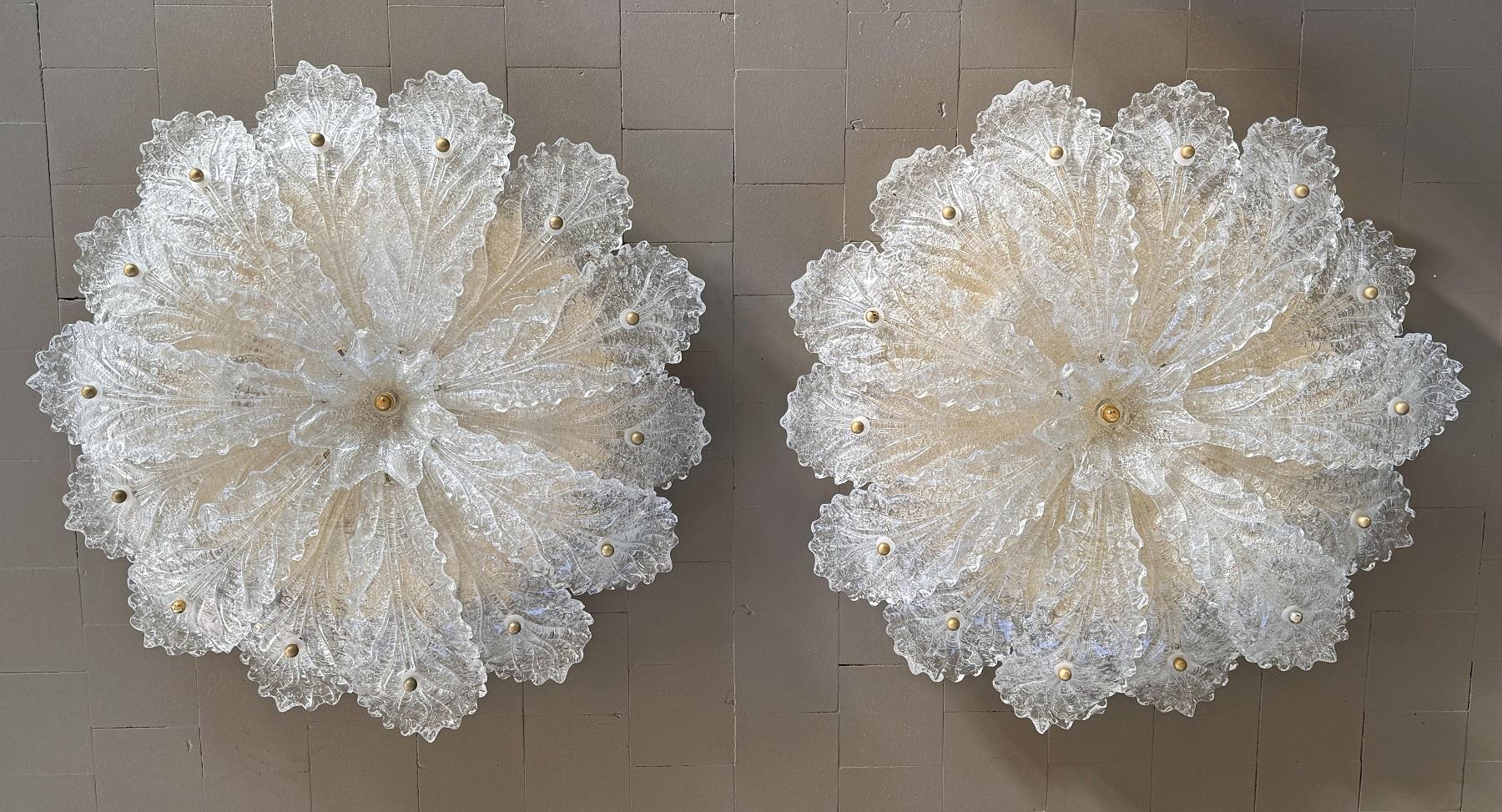 Metal Italian XL MidCentury Flush Mount Chandelier with Grit Murano Glass, 1970s