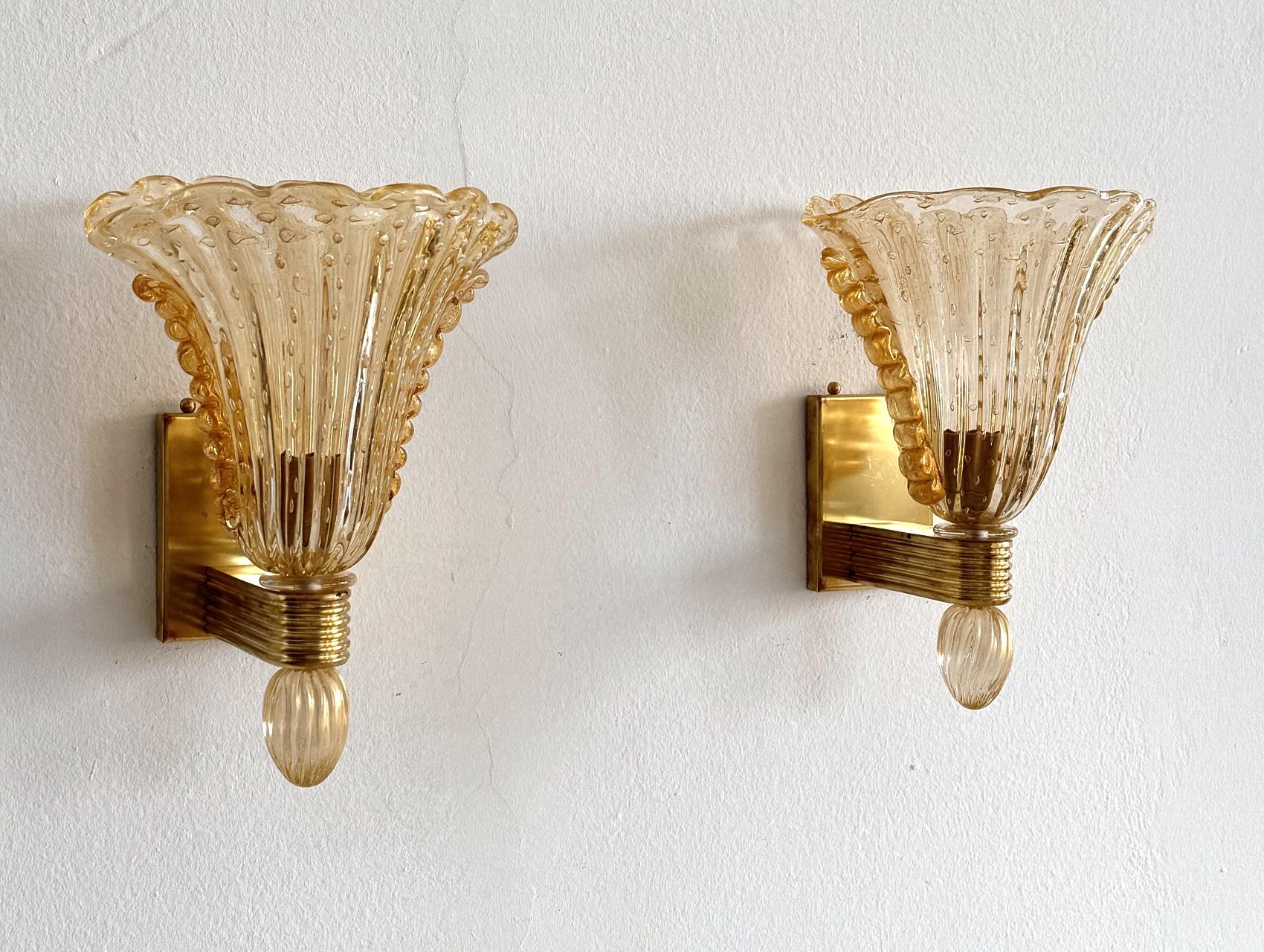 Art déco Lampes murales italiennes XL en verre de Murano et laiton par Barovier&Toso, années 1990