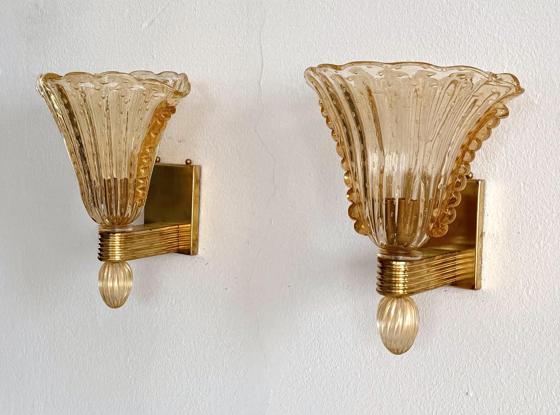 Fait main Lampes murales italiennes XL en verre de Murano et laiton par Barovier&Toso, années 1990