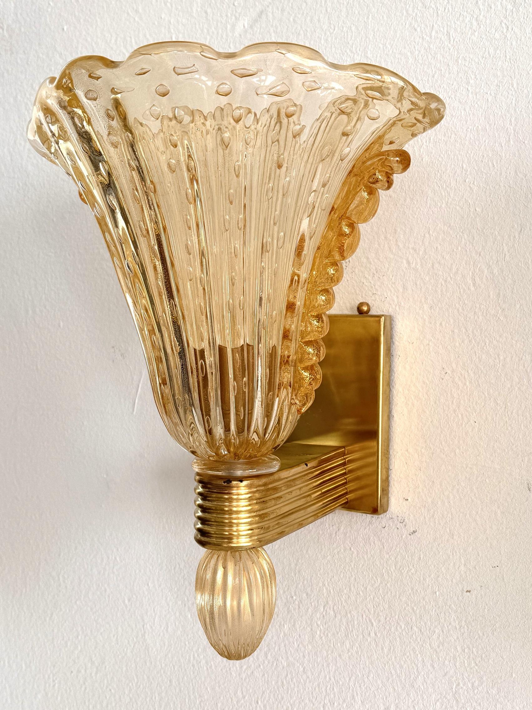 20ième siècle Lampes murales italiennes XL en verre de Murano et laiton par Barovier&Toso, années 1990