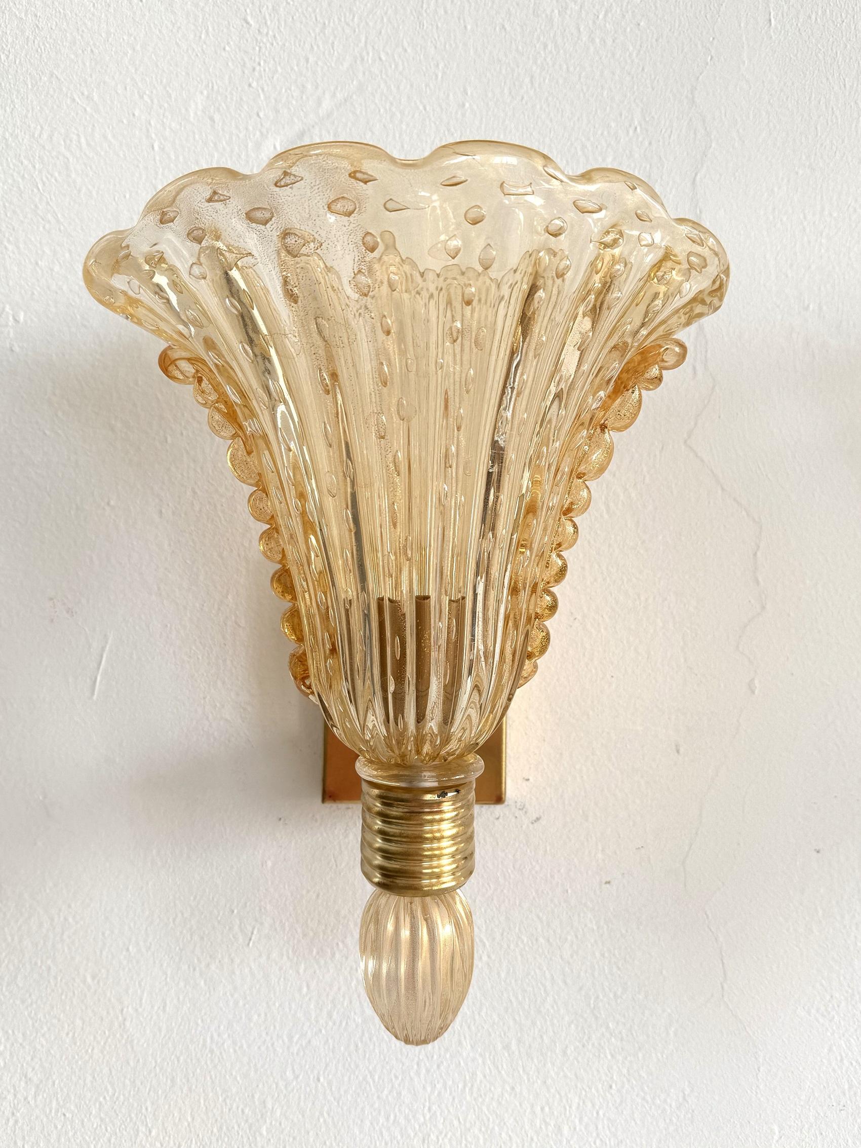 Laiton Lampes murales italiennes XL en verre de Murano et laiton par Barovier&Toso, années 1990