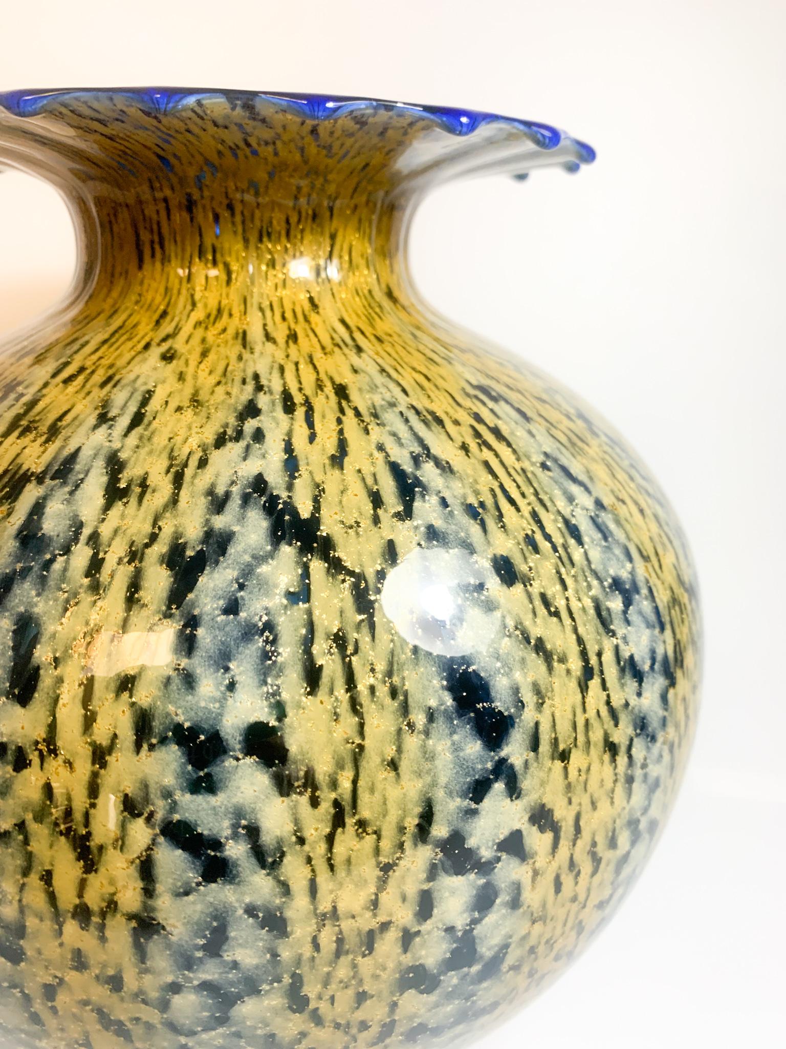 Mid-Century Modern Italian Yellow and Blue Murano Glass Vase from the 1980s For Sale