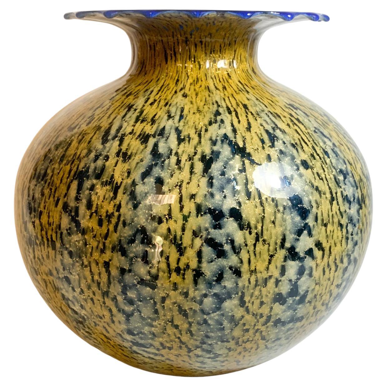 Italian Yellow and Blue Murano Glass Vase from the 1980s For Sale
