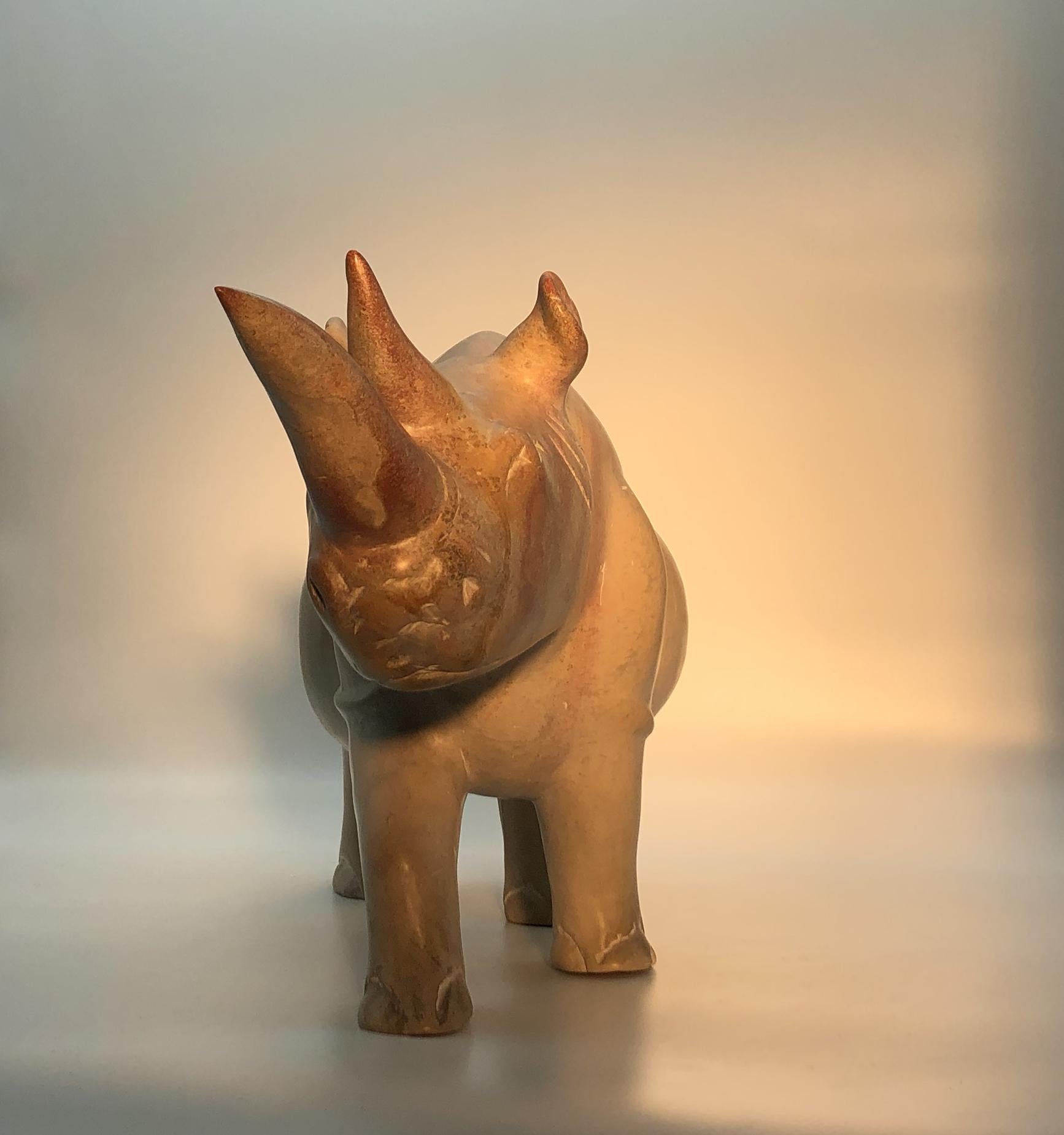 Classical Roman Italian Yellow and Pink Marble Sculpture of Rhinoceros For Sale