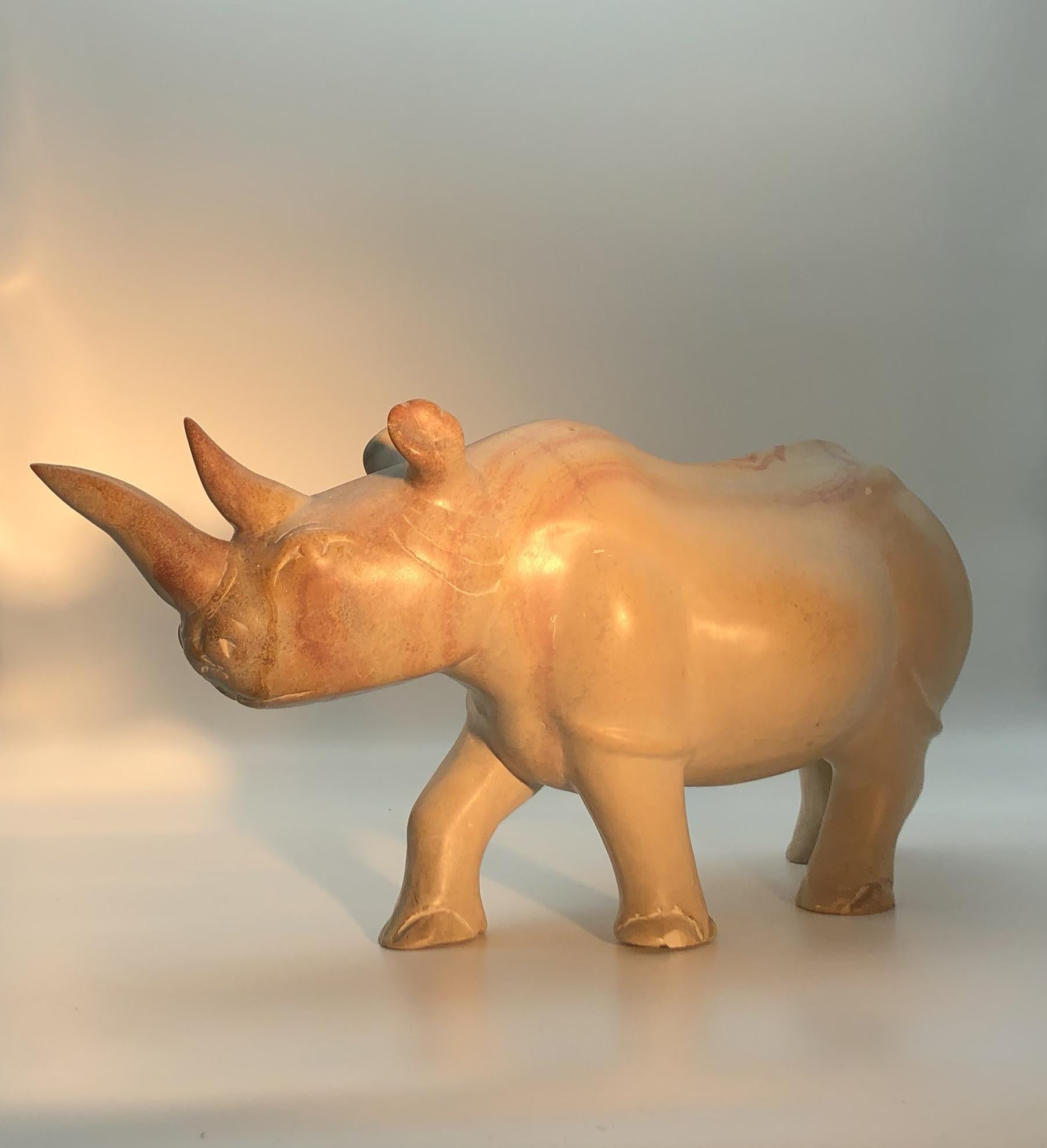 Hand-Carved Italian Yellow and Pink Marble Sculpture of Rhinoceros For Sale