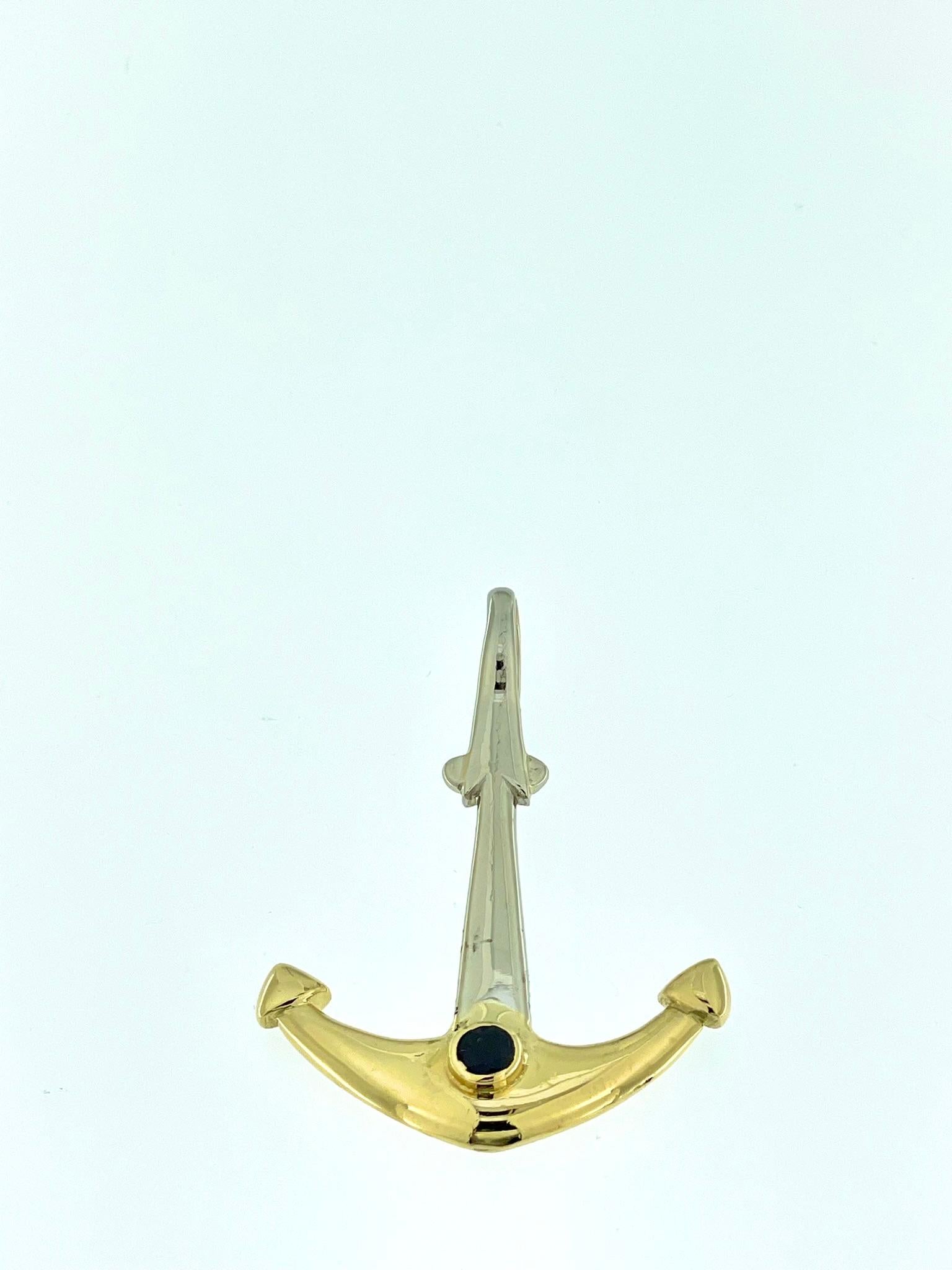 Modern Italian Yellow and White Gold Anchor Pendant with Sapphire For Sale