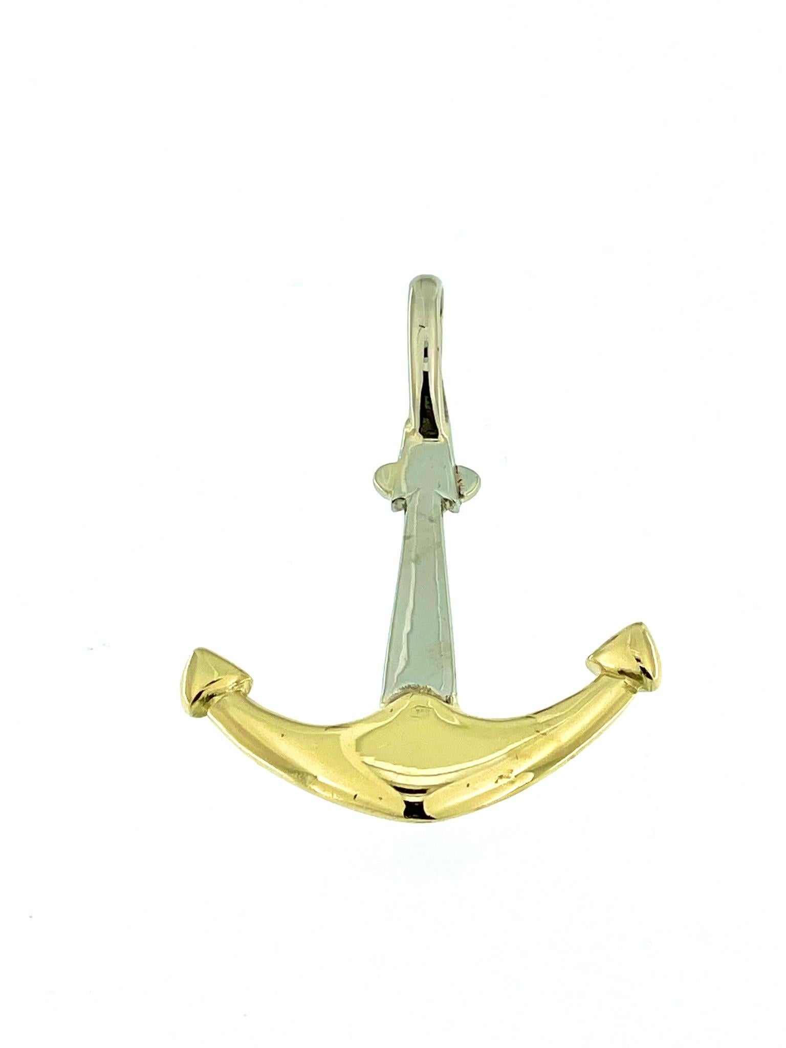 Brilliant Cut Italian Yellow and White Gold Anchor Pendant with Sapphire For Sale