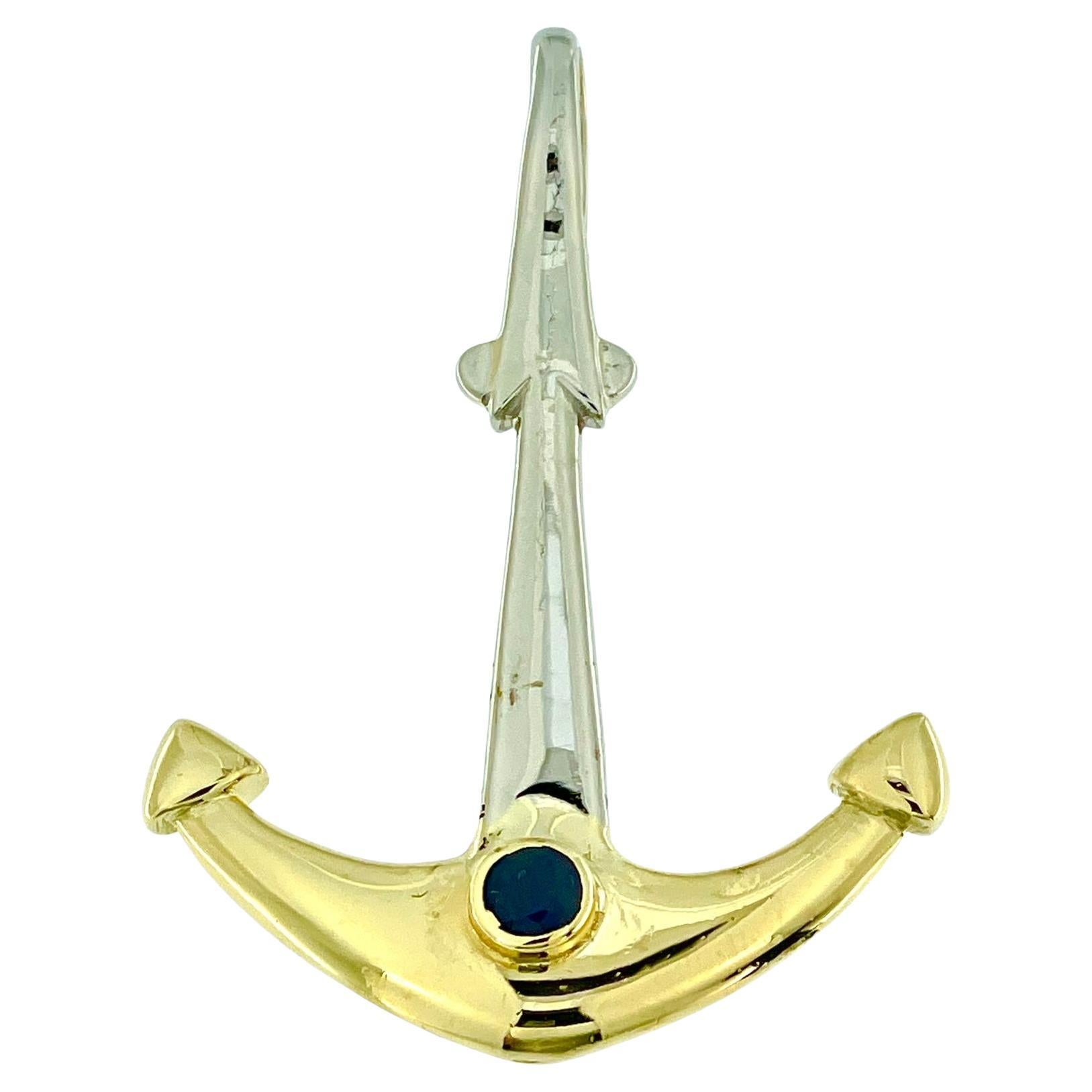 Italian Yellow and White Gold Anchor Pendant with Sapphire