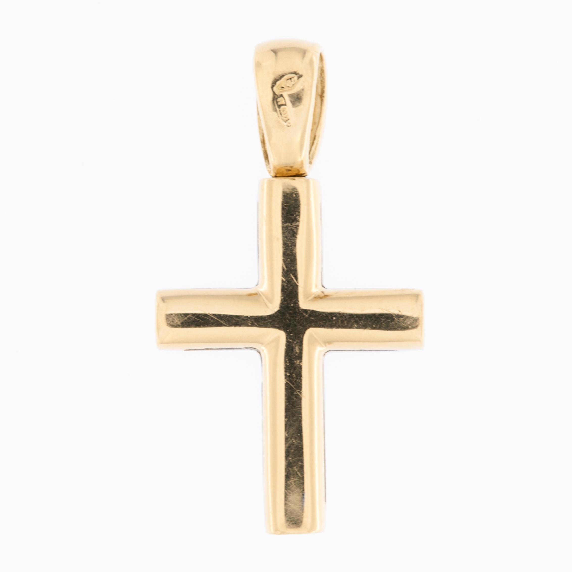 Artisan Italian Yellow and White Gold Cross with Diamonds For Sale