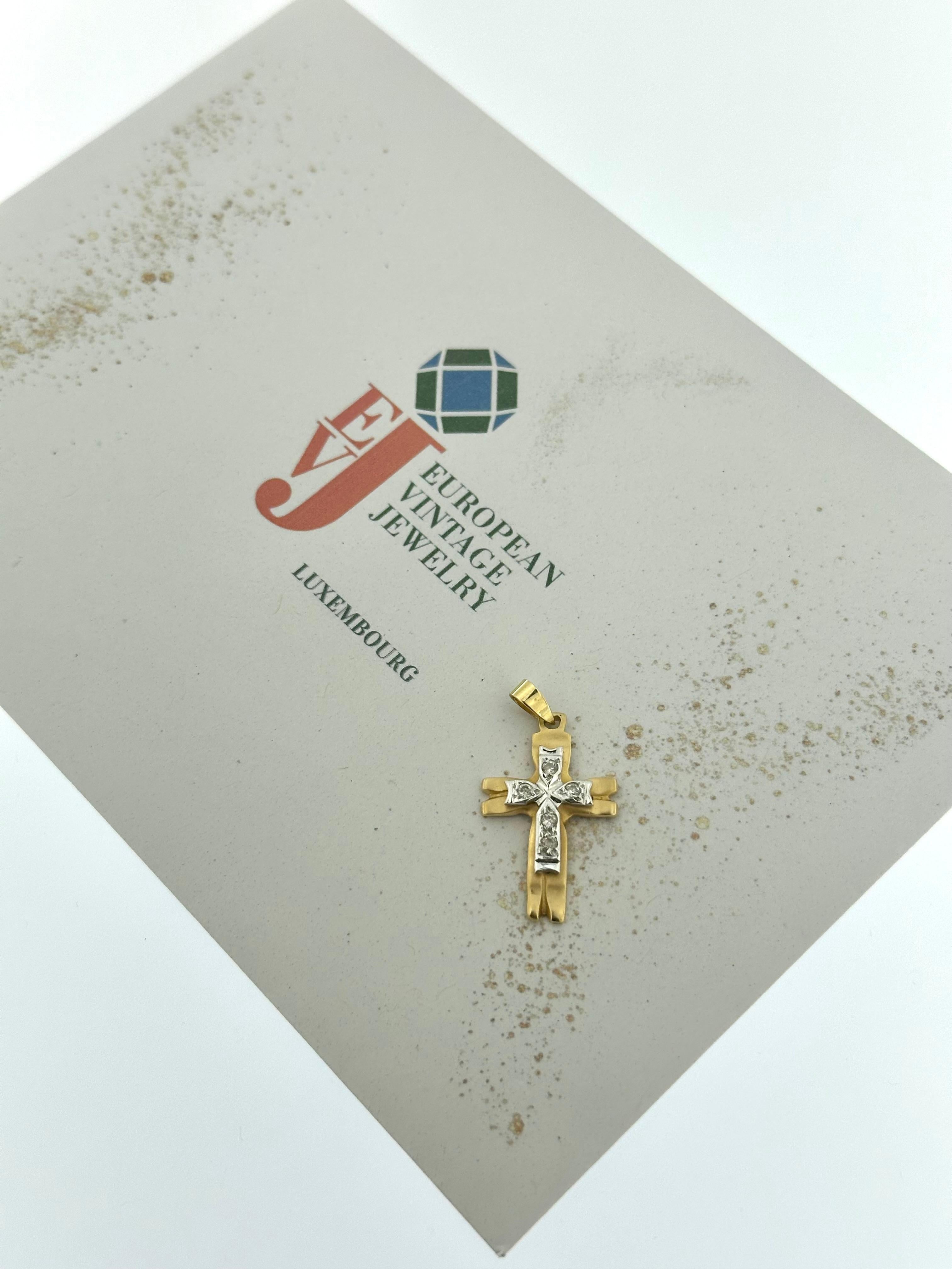 Italian Yellow and White Gold Cross with Diamonds For Sale 2