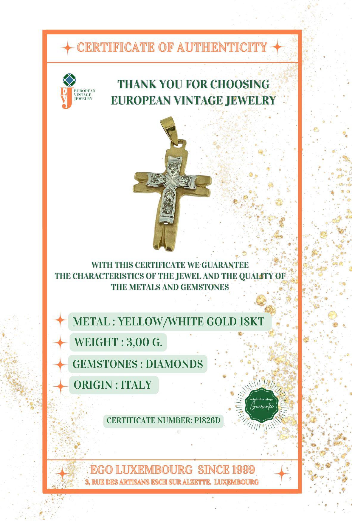 Italian Yellow and White Gold Cross with Diamonds For Sale 3