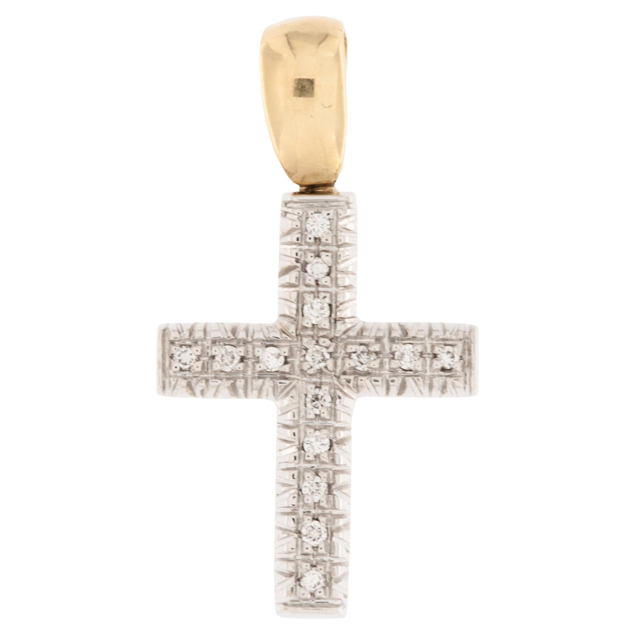 Italian Yellow and White Gold Cross with Diamonds For Sale