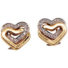 Italian Yellow and White Gold Diamond "Doppio Cuore" Double Heart Earrings