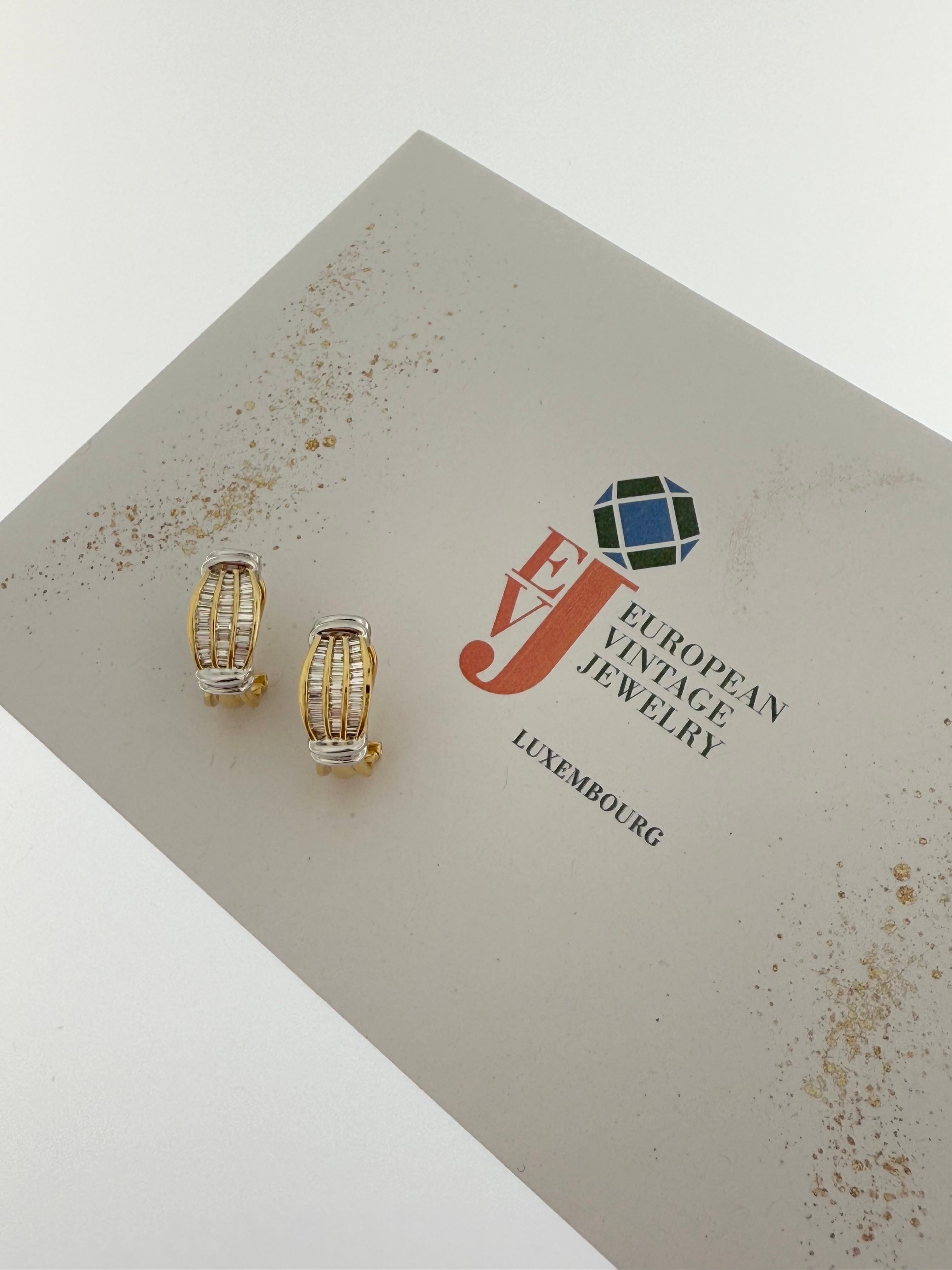 Boucles d'oreilles italiennes en or jaune et blanc avec diamants Excellent état - En vente à Esch sur Alzette, Esch-sur-Alzette