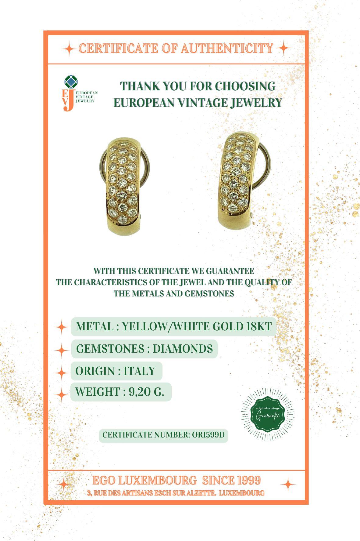 Orecchini in oro giallo e bianco italiano con diamanti in vendita 3