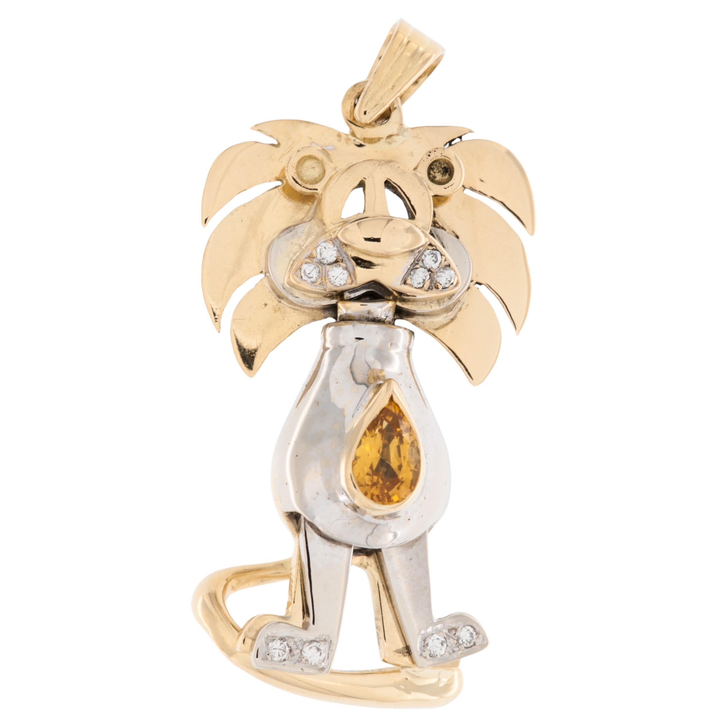 Italian Yellow and White Gold Lion Pendant Diamonds and Citrine For Sale
