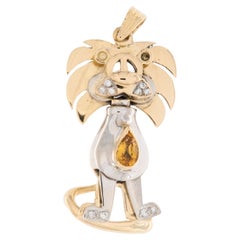 Italian Yellow and White Gold Lion Pendant Diamonds and Citrine