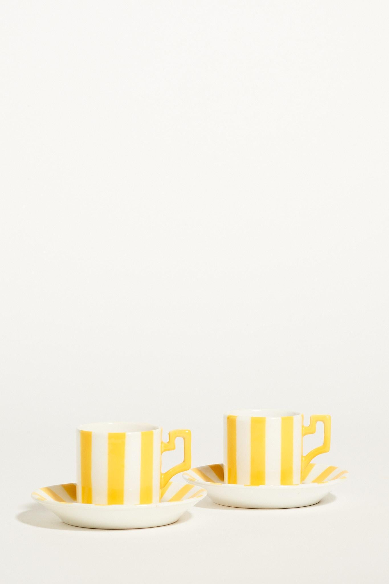 Italian yellow and white striped demitasse set.
