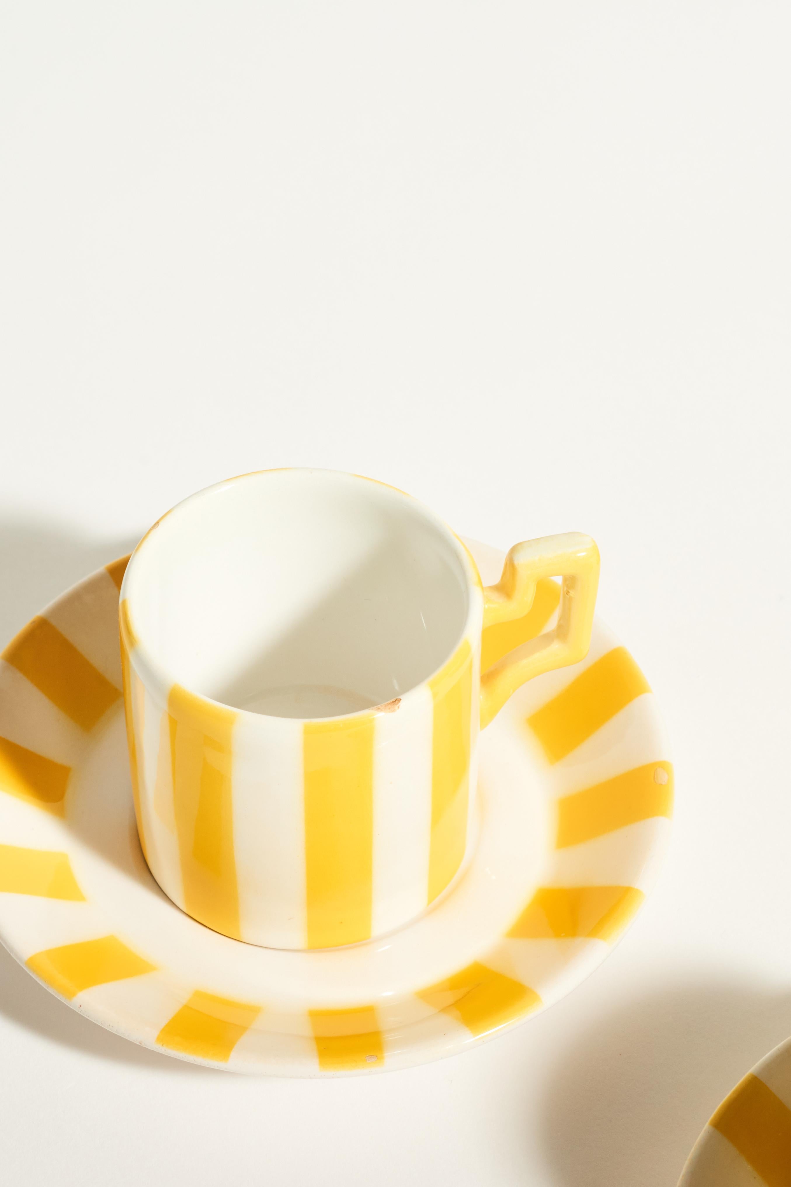 Porcelain Italian Yellow and White Striped Demitasse Sets of Two