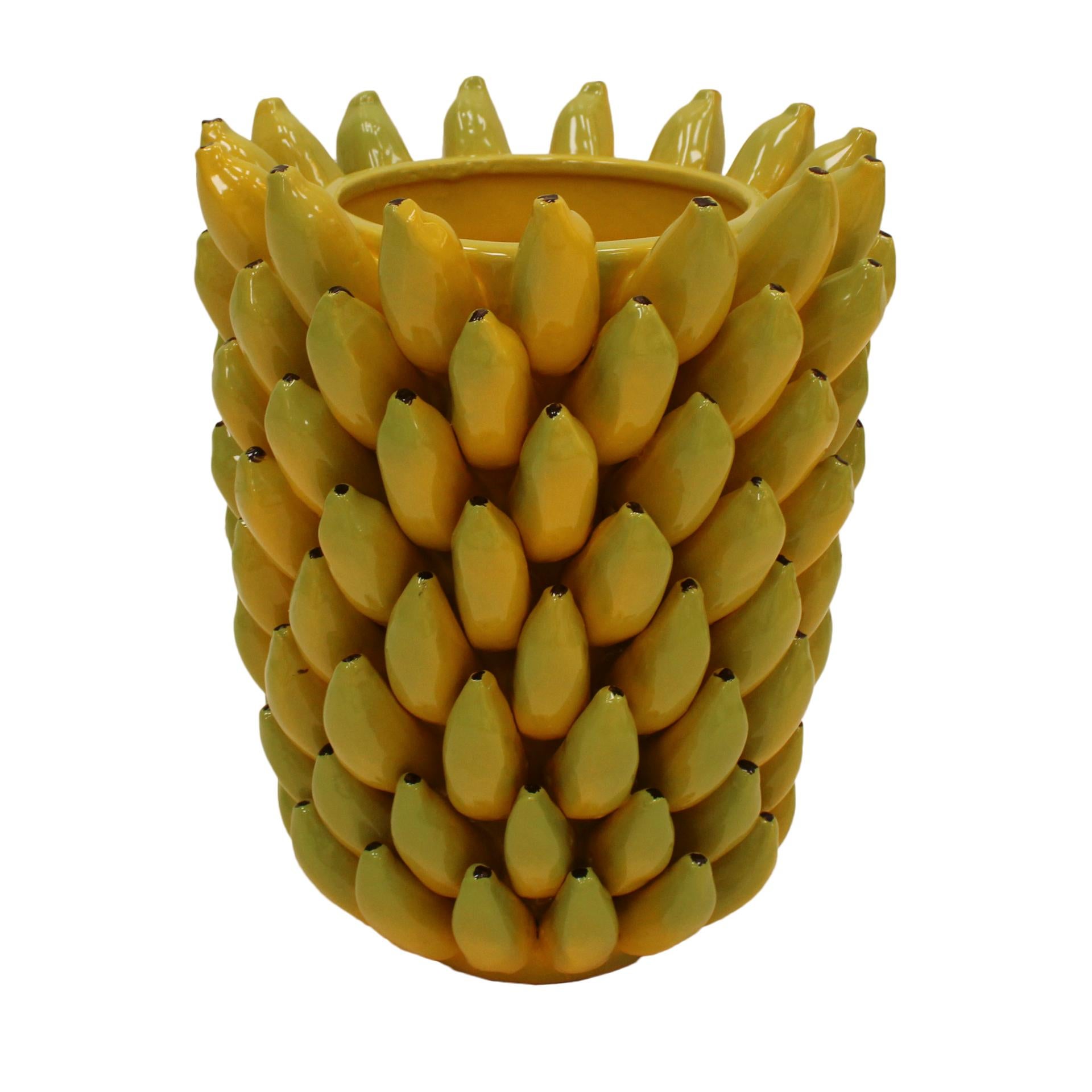 Turned Italian Yellow Ceramic Vase with Fruit Motifs For Sale