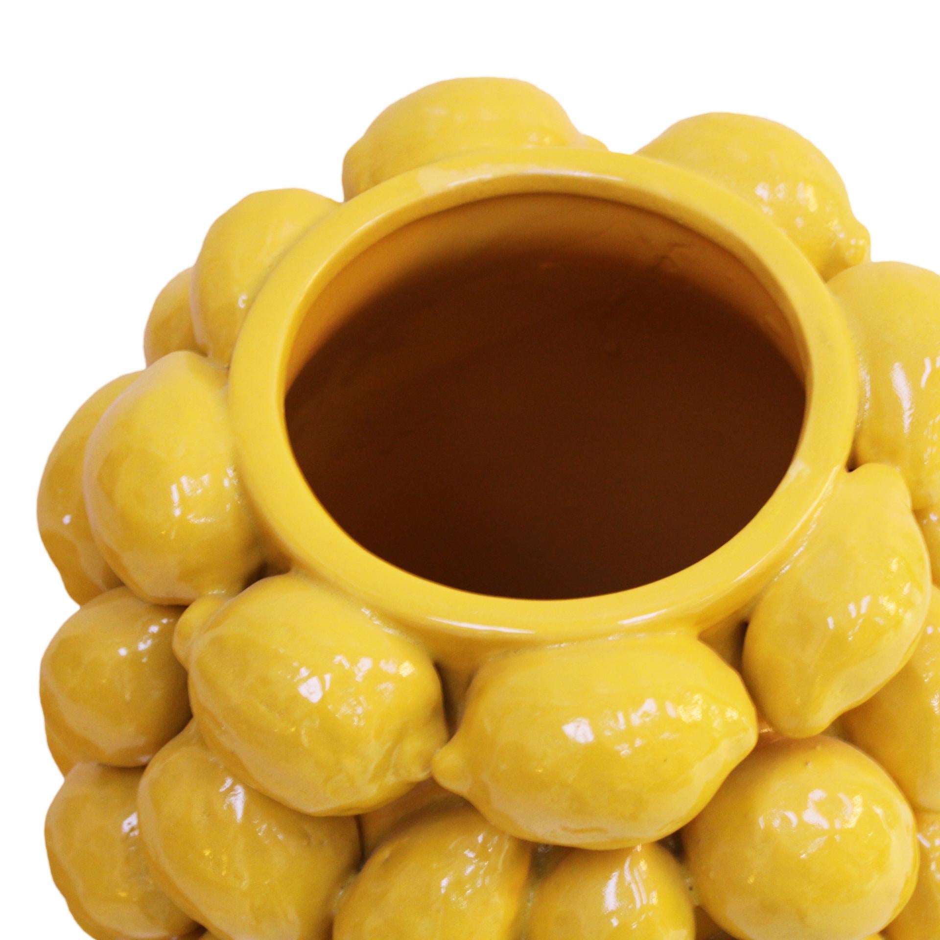 Turned Italian Yellow Ceramic Vase with Lemon Fruit Motifs For Sale