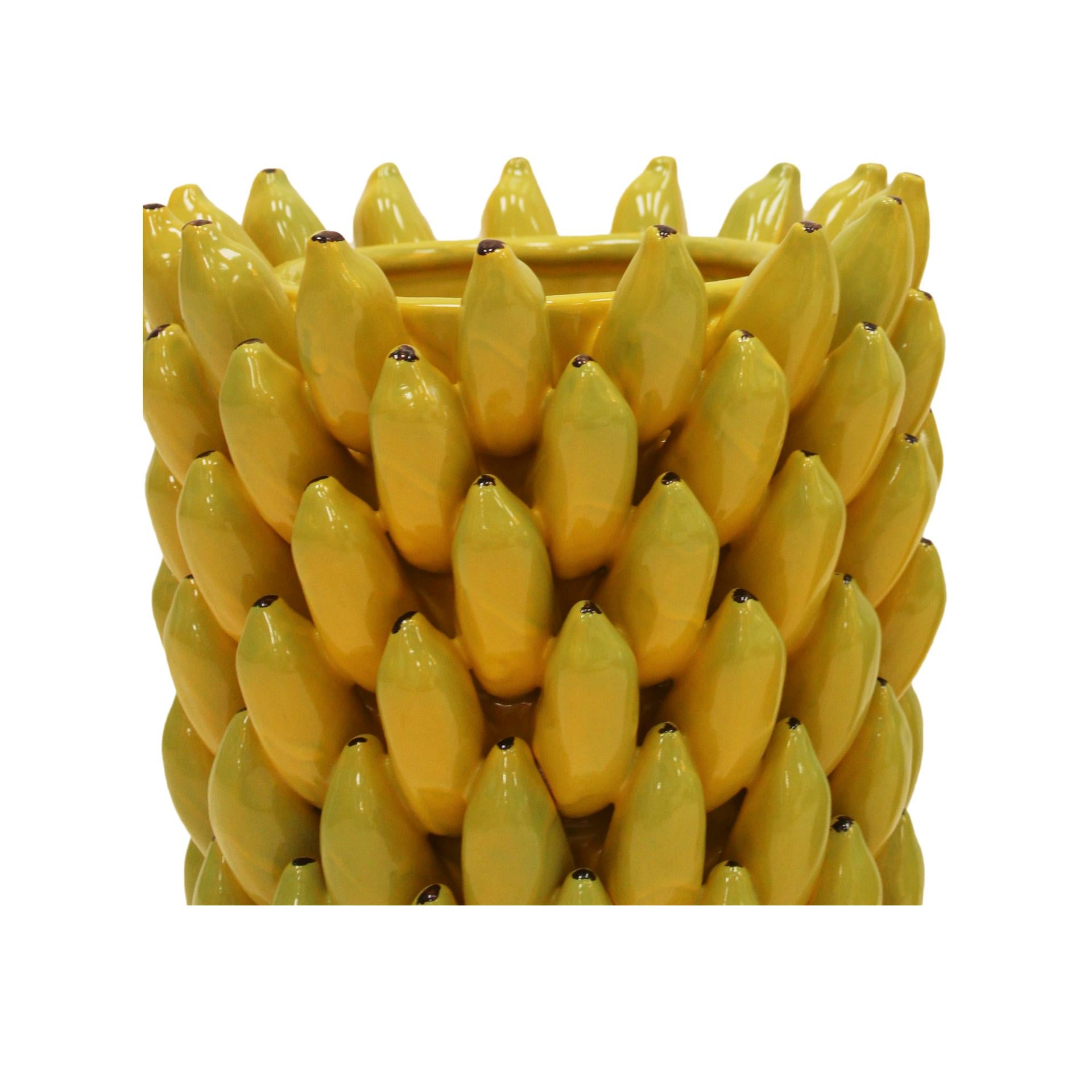 Turned Italian Yellow Ceramic Vase with Banana Fruit Motifs For Sale
