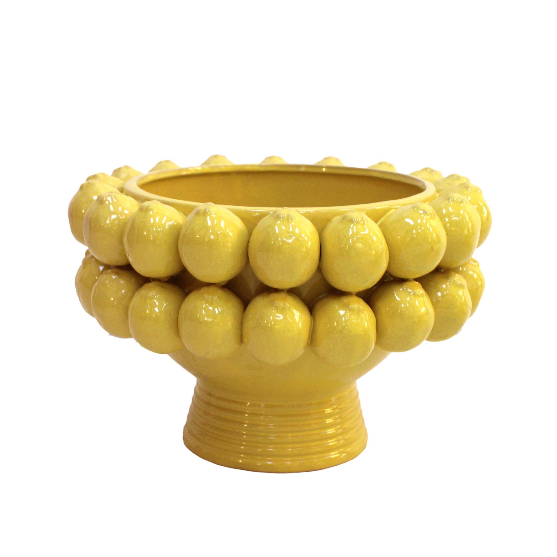 Italian Yellow Ceramic Vase with Fruit Motifs In Good Condition In Madrid, ES