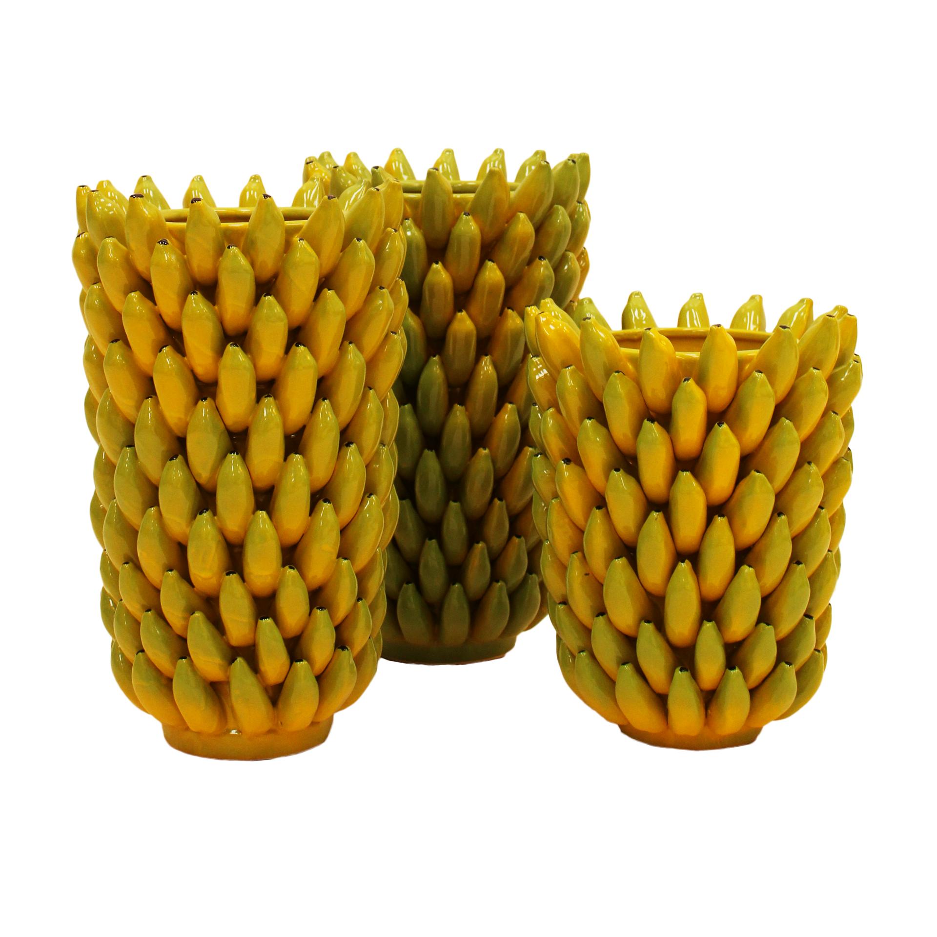 Contemporary Italian Yellow Ceramic Vase with Fruit Motifs