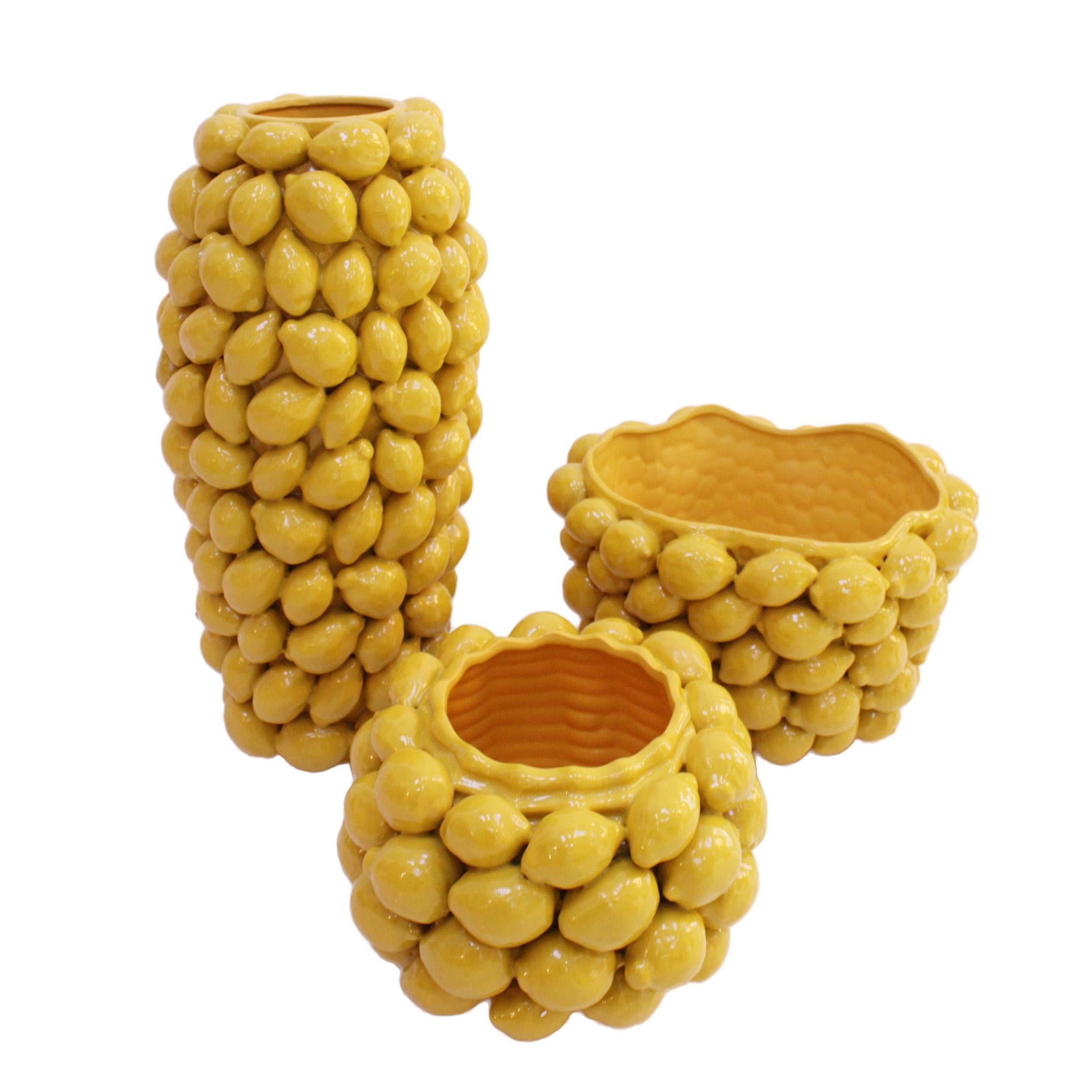 Contemporary Italian Yellow Ceramic Vase with Fruit Motifs For Sale