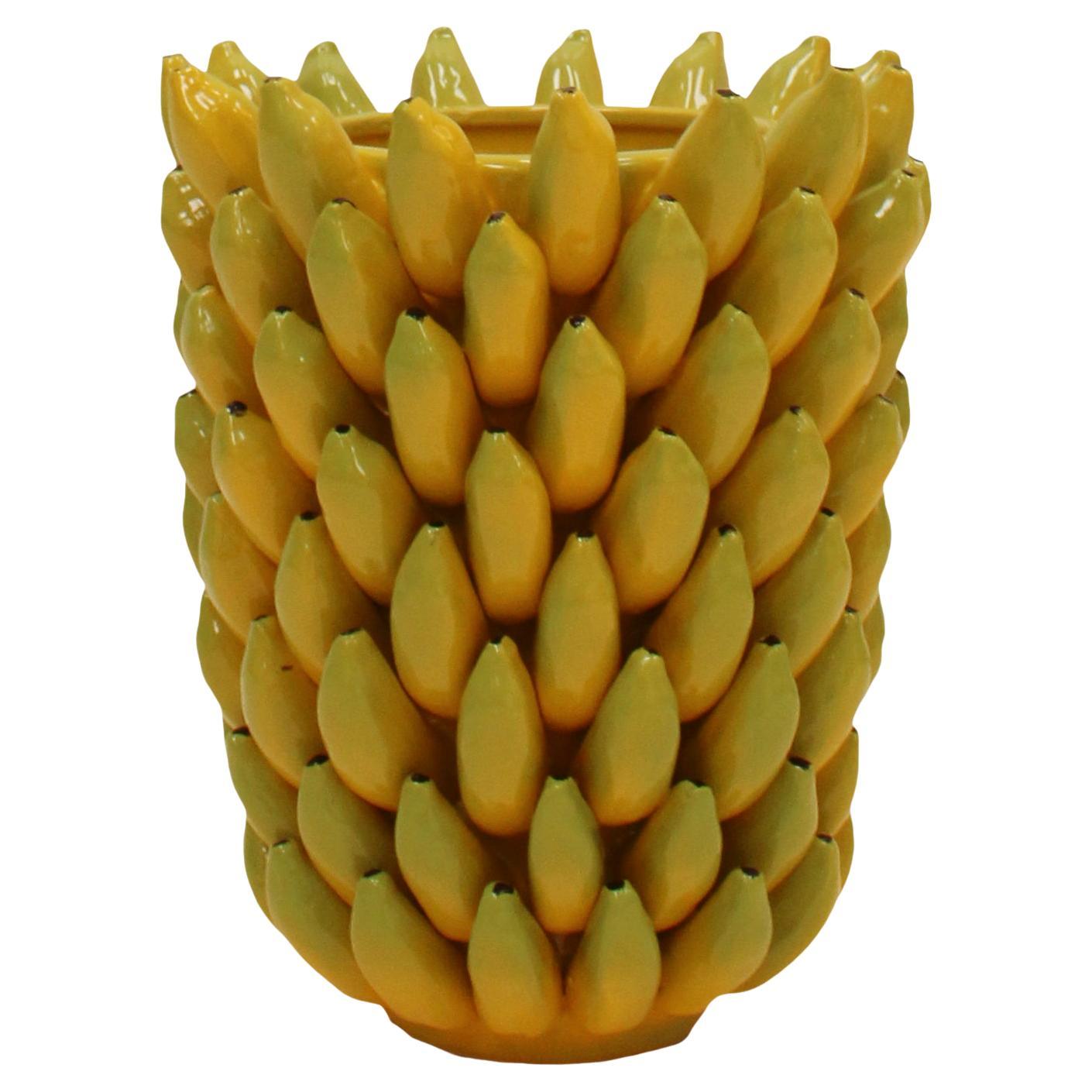 Italian Yellow Ceramic Vase with Banana Fruit Motifs For Sale